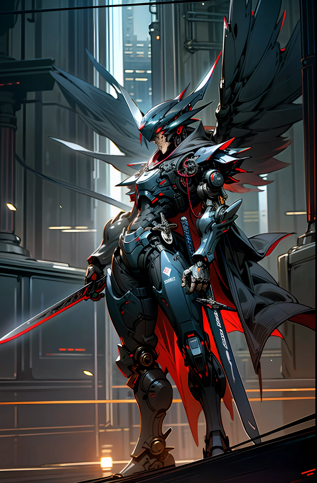 Masterpiece, best quality, high detailed, Dark_Fantasy, Cyberpunk, (flying swords, sword weapon,Red:1.1),1man,Mechanical,Robotic presence,Cybernetic guardian, darkness, night city background, nighttime,