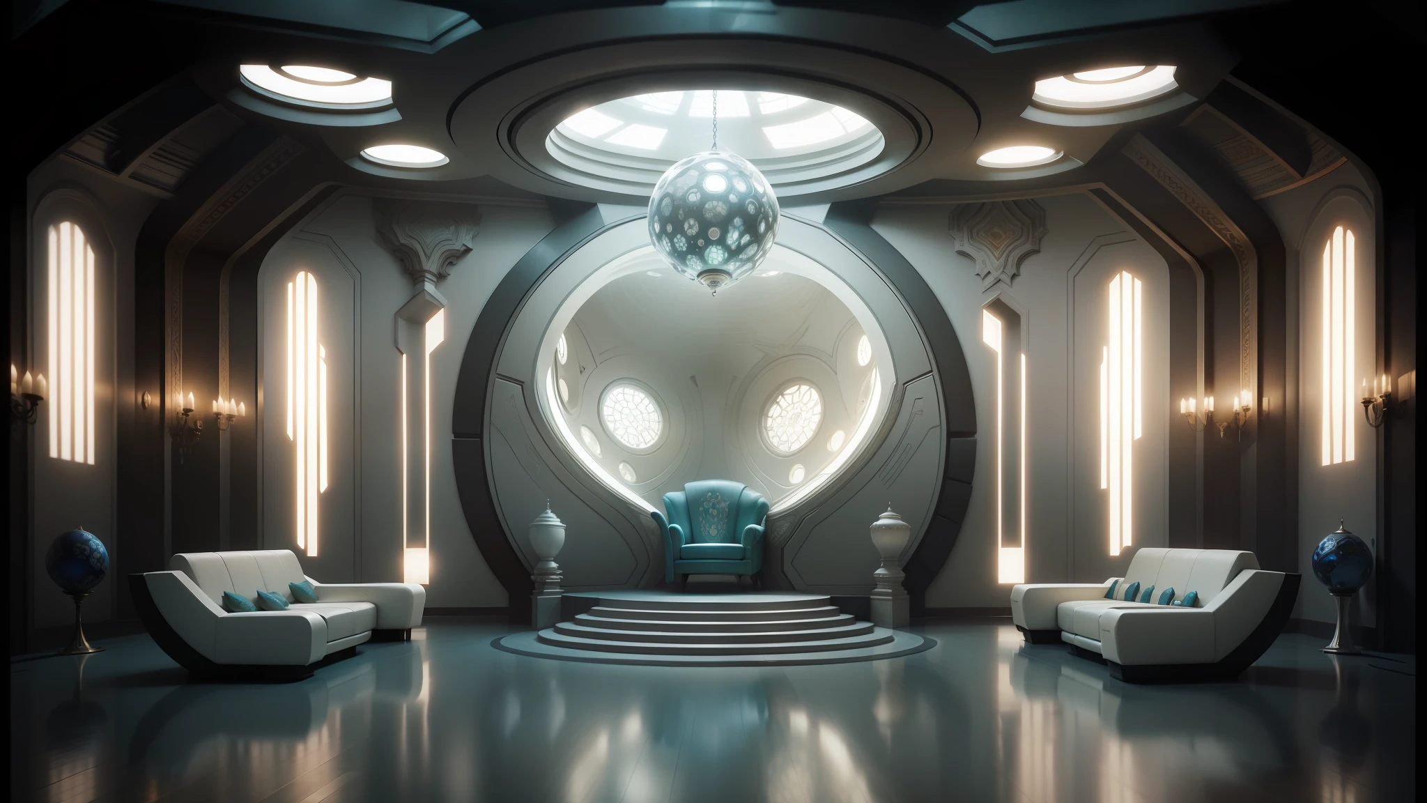 arafed room with a large circular window and a couch, futuristic persian palace, futuristic interior, futuristic palace, futuristic architectural art, futuristic decor, mandelbulb architecture, detailed futuristic architecture, exquisitely designed throne room, futuristic room background, surreal sci fi architecture, futuristic room, ornate cyberpunk interior, neofuturistic highly detailed, sci - fi interior, futuristic marrakech --auto --s2