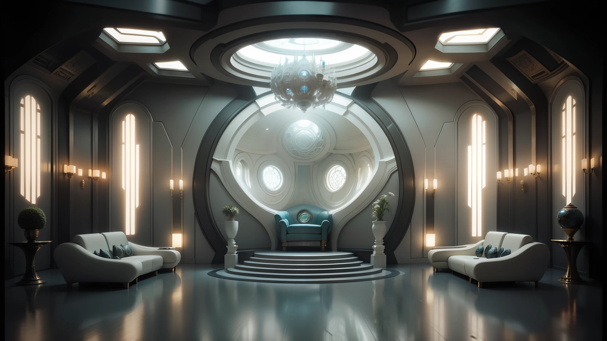 arafed room with a large circular window and a couch, futuristic persian palace, futuristic interior, futuristic palace, futuristic architectural art, futuristic decor, mandelbulb architecture, detailed futuristic architecture, exquisitely designed throne room, futuristic room background, surreal sci fi architecture, futuristic room, ornate cyberpunk interior, neofuturistic highly detailed, sci - fi interior, futuristic marrakech --auto --s2