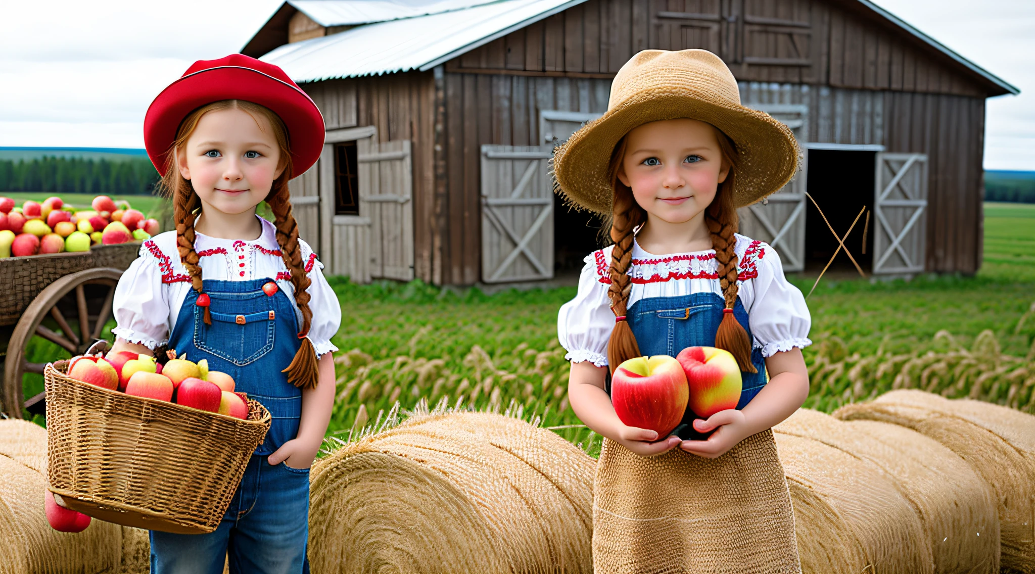 Russian style, children girl, portrait, long red hair of braids with hat, farmer style, with rolls of hay and wheat and horse, barns, apples.