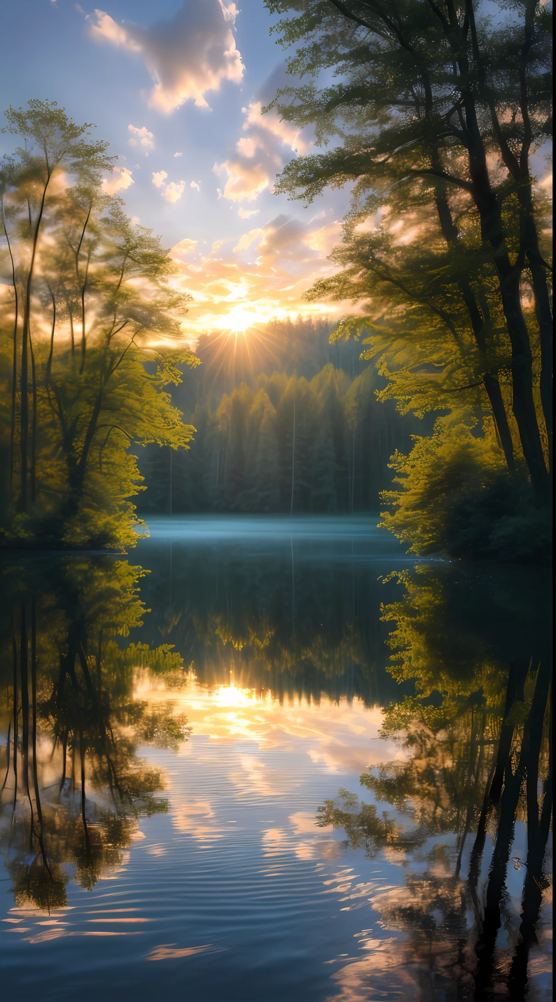 wallpaper, summer, lake, dawn, forest, detailed forest, clouds, masterpiece, cinematic, soft light, depth of field, ray tracing, reflection in water, realism, ulra detailed,