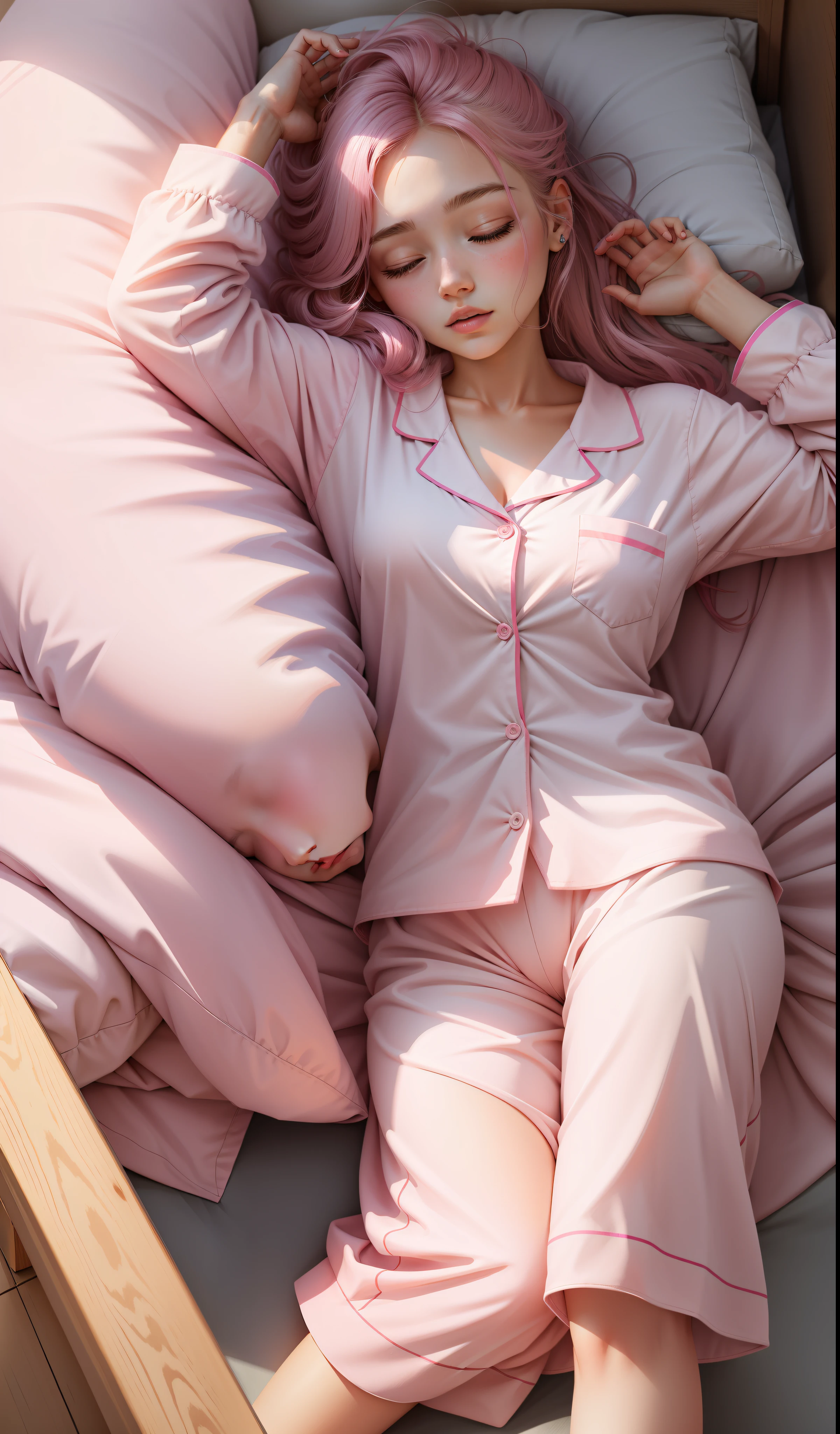 Sleeping girl, 22 years old, realistic, she is wearing pink pajama