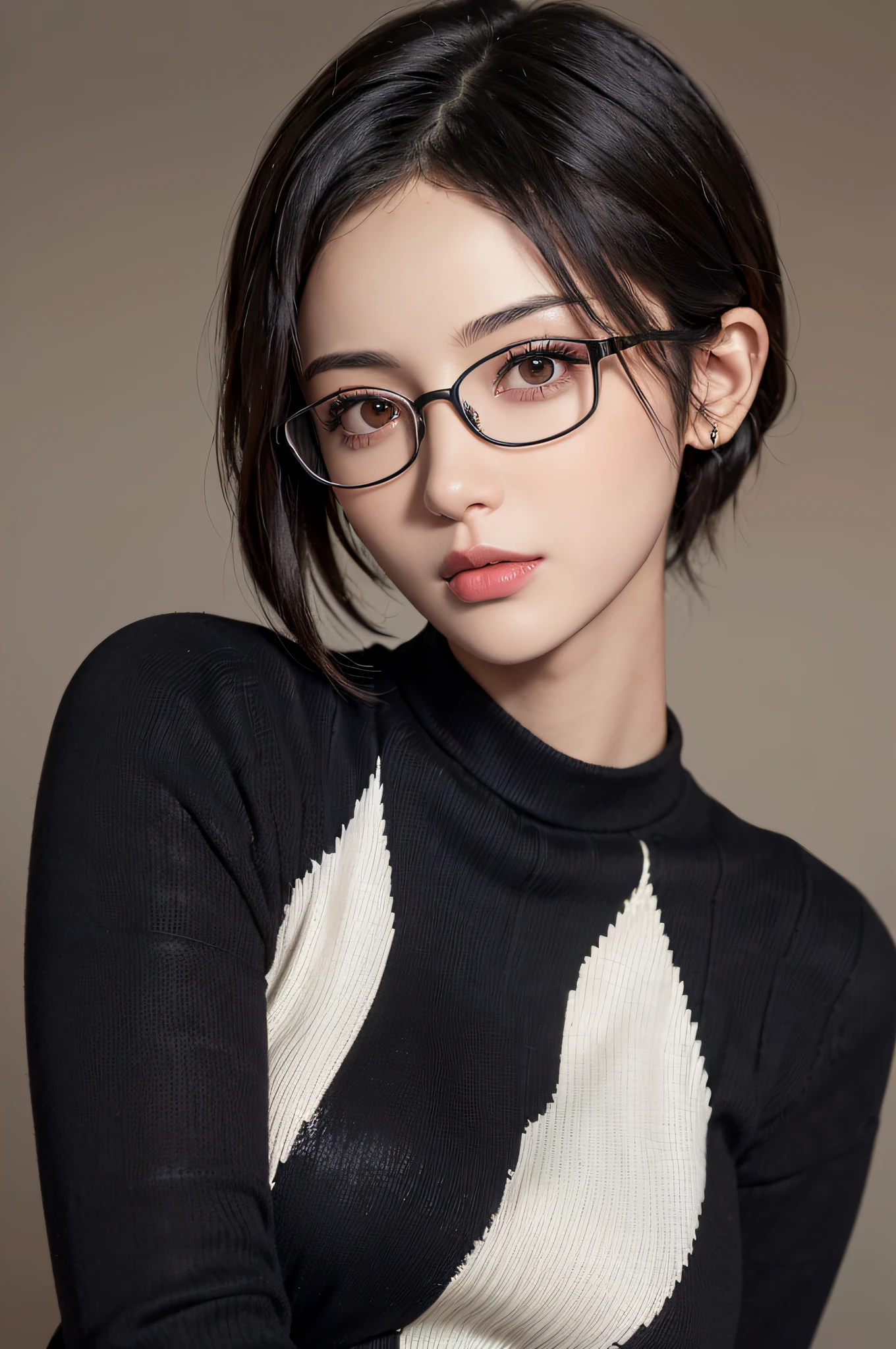 (Masterpiece: 1.3), (8k, Photorealistic, RAW Photo, Best Quality: 1.4), (1girl), Beautiful Face, (Realistic Face), (Black Hair, Short Hair: 1.3), Beautiful Hairstyle, (Realistic Skin), Beautiful Skin, (Sweater), Absurd, Attractive, Ultra High Definition, Ultra Realistic, Glasses