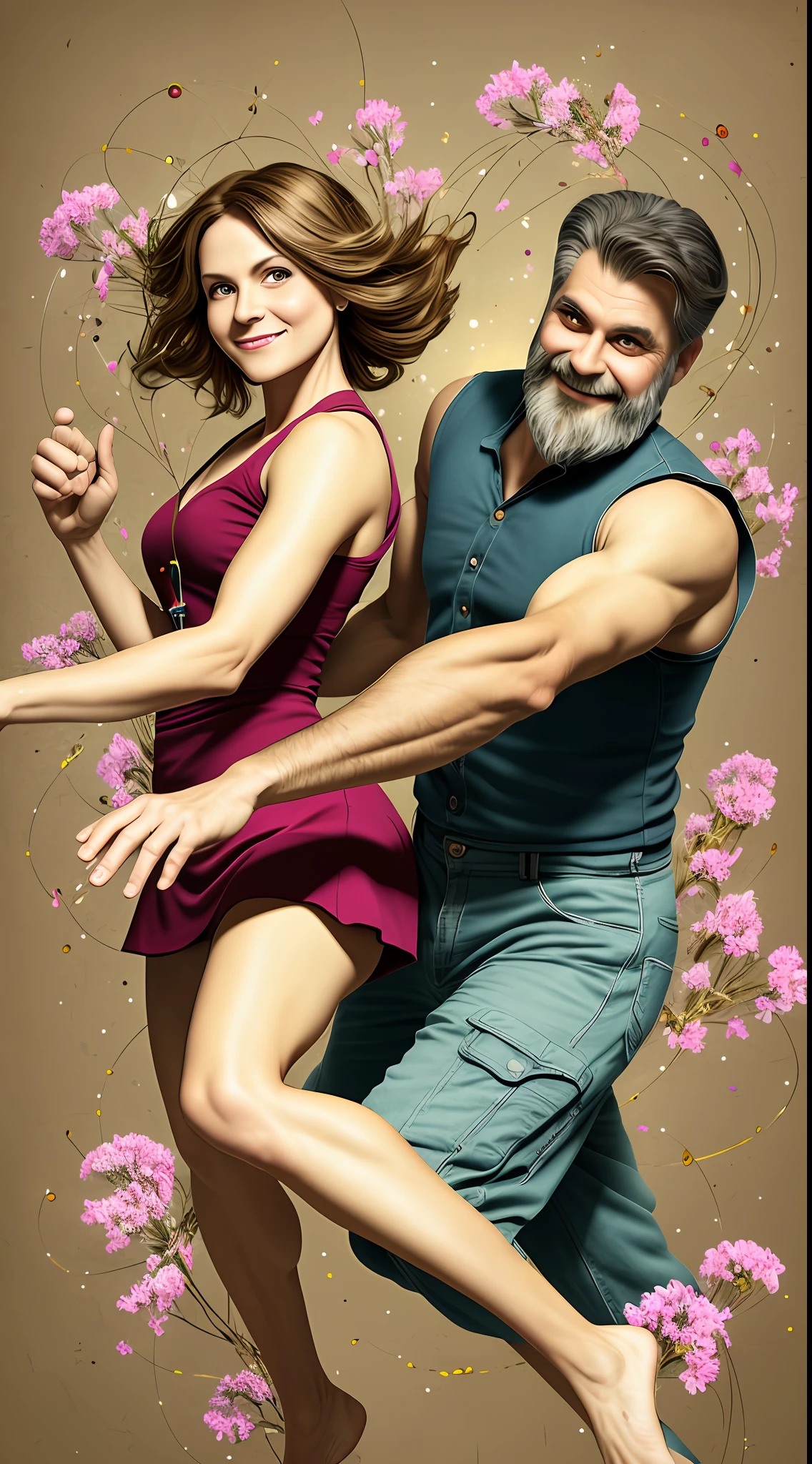 (Best quality, masterpiece), connection, two figures, a 45-year-old man and woman, connection, detailed face, a beautiful 50-year-old man, detailed and perfect face, perfect beard, smiling, relaxed, dancing pose, elegant, perfect hands, perfect legs and feet, connection, particles, wind, flowers, connection, upper body, simple background with gear and connection elements, background is modern times with connection --v 6