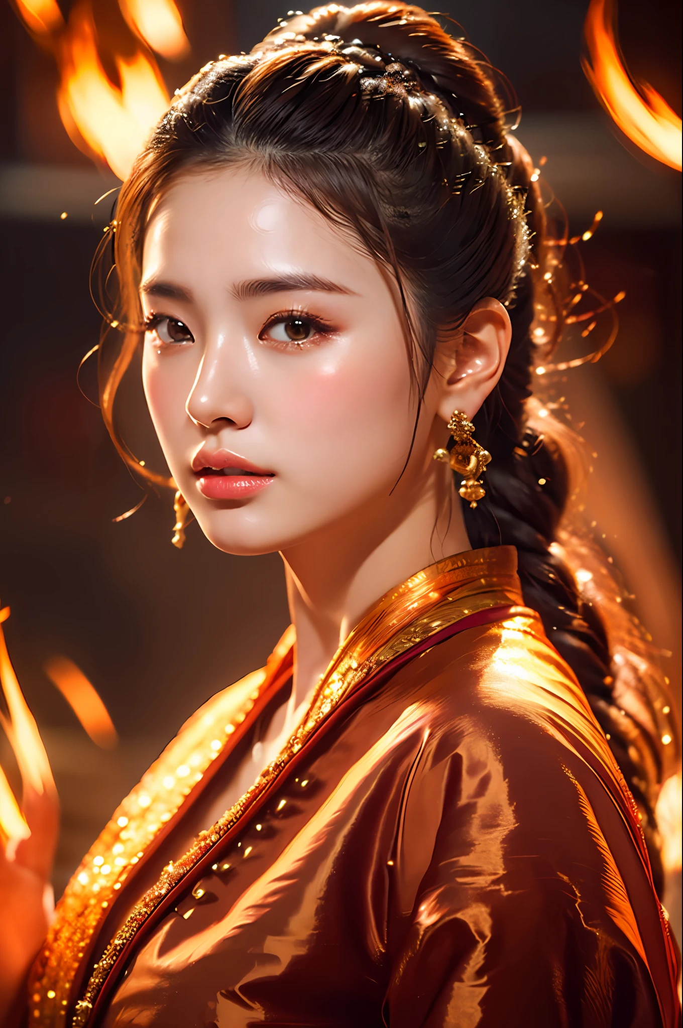 Best quality,masterpiece,ultra high res,(photorealistic:1.4)1girl,beautiful_face,detailed skin,full body,yuhuoshu,jewelry,solo,earrings,(fire:1.3),blurry,realistic,lips,