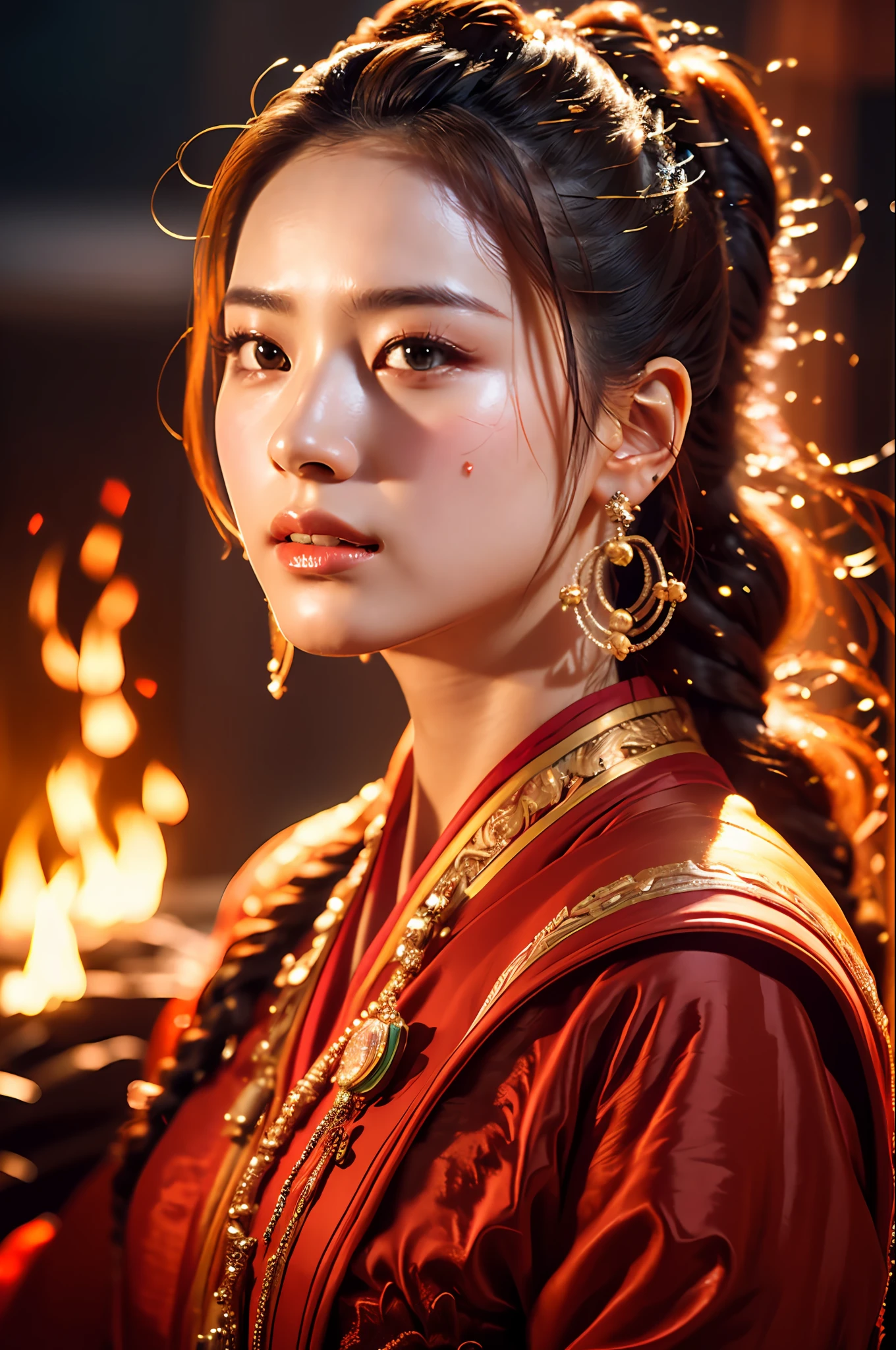 Best quality,masterpiece,ultra high res,(photorealistic:1.4)1girl,beautiful_face,detailed skin,full body,yuhuoshu,jewelry,solo,earrings,(fire:1.3),blurry,realistic,lips,