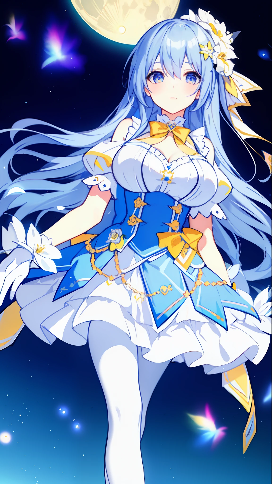 Left-facing, ((((Masterpiece)))), (((Best Quality))), (((Very Detailed))), Detailed Fingers, Illustration, 1 Girl, Solo, Long Sky Blue Hair, Violet Colored Eyes, Flower Hair Ornament, White Feather Hair Ornament, Yellow Moon Hair Ornament, Wide Open Chest, Large Breasts, Large White Ribbon at the Waist, Yellow Idol Dress, With White Flowers, Choker with Yellow Ribbon, White Gloves, White Tights , Yellow Shoes, MIKU, Royal Elegant Pose,