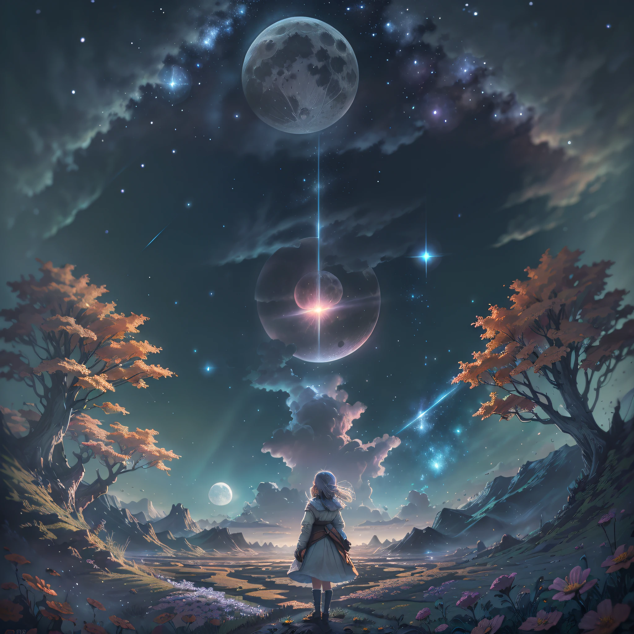 Expansive landscape photograph, (view from below with a view of the sky and the wilderness below), little girl standing in a flower field looking up, (full moon: 1.2), (shooting star: 0.9), (nebula: 1.3), distant mountain, tree break production art, (warm light source: 1.2), (firefly: 1.2), lamp, purple and orange, intricate detail, volume lighting BREAK (masterpiece: 1.2), (highest quality ), 4k, ultra-detailed, (dynamic configuration: 1.4), highly detailed and colorful details (iridescent: 1.2), (sparkling lighting, atmospheric lighting), dreamy, magical, (solo: 1.2) --auto --s2