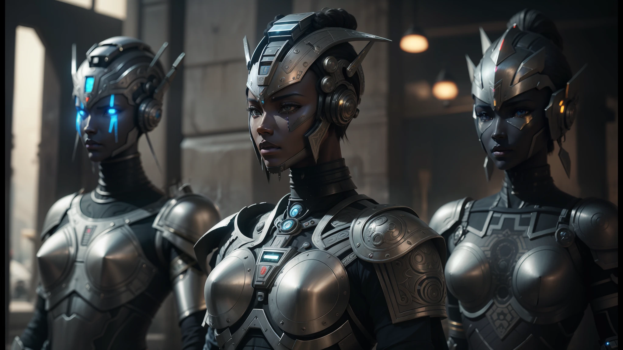 there are three statues of men dressed in armor standing together, sci-fi tibetan fashion, african female android, still from alita, movie still of aztec cyborg, ultra detailed female android, female armor, cyborg goddess in cosmos, beautiful robot character design, intricate metal armour, beautiful female android, beautiful alluring female cyborg, intricate cyborg armor --auto --s2