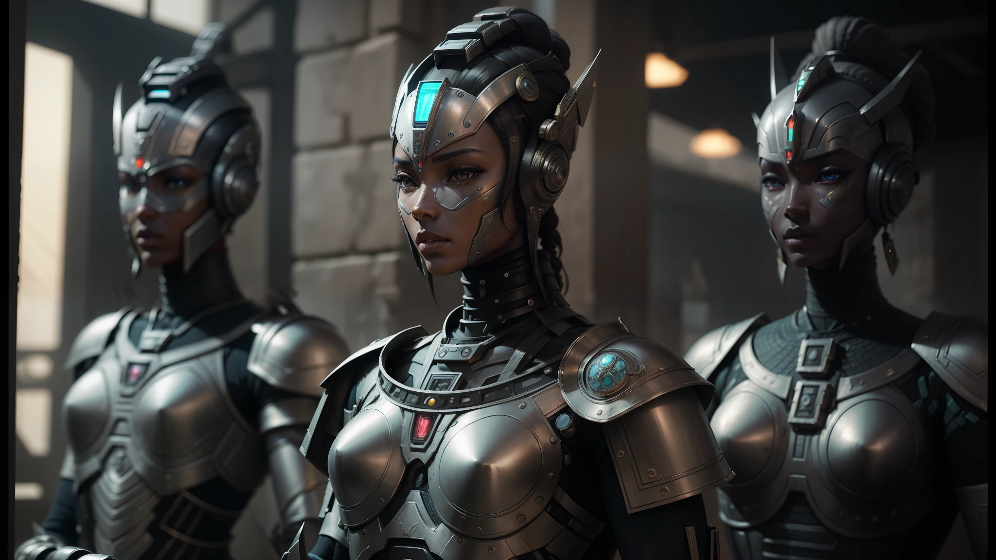 there are three statues of men dressed in armor standing together, sci-fi tibetan fashion, african female android, still from alita, movie still of aztec cyborg, ultra detailed female android, female armor, cyborg goddess in cosmos, beautiful robot character design, intricate metal armour, beautiful female android, beautiful alluring female cyborg, intricate cyborg armor --auto --s2