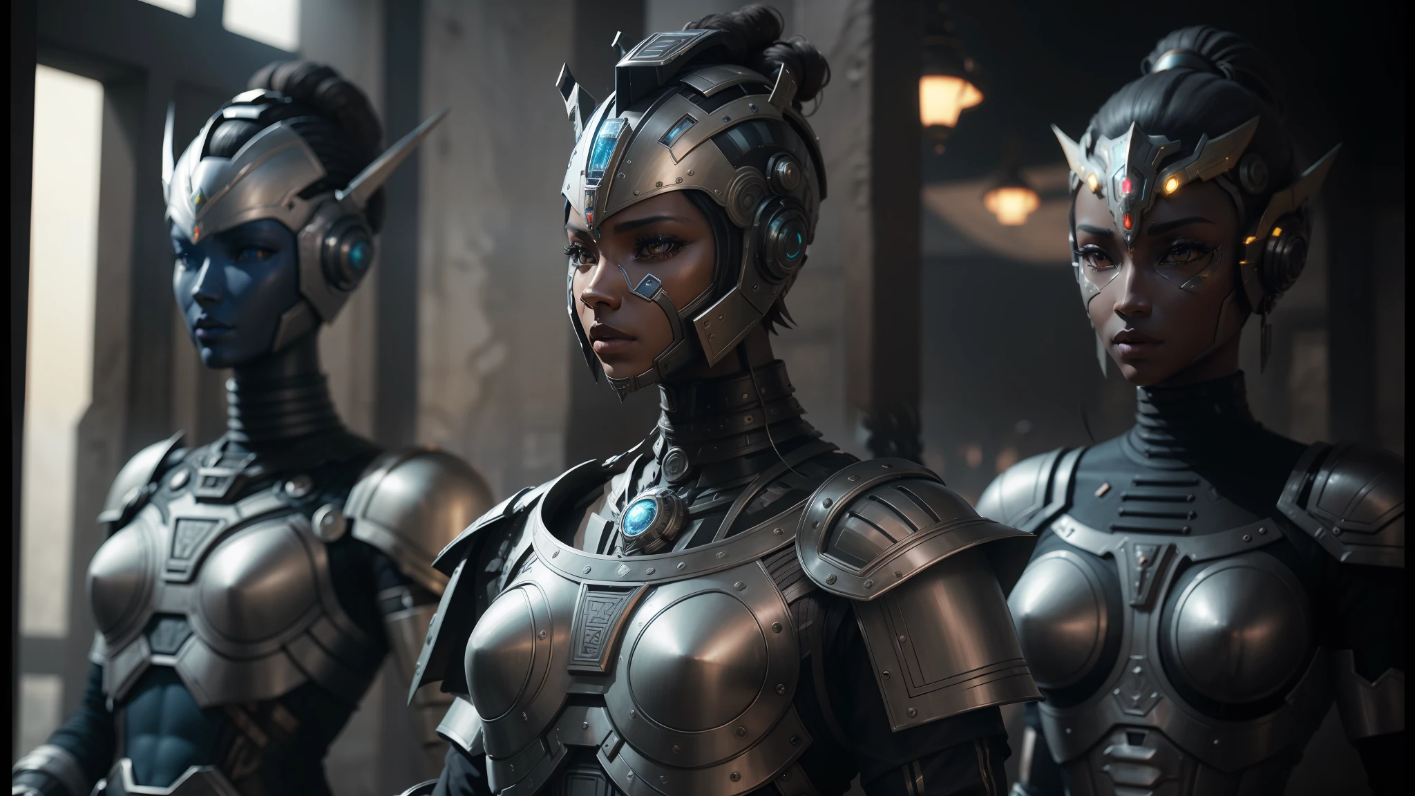 there are three statues of men dressed in armor standing together, sci-fi tibetan fashion, african female android, still from alita, movie still of aztec cyborg, ultra detailed female android, female armor, cyborg goddess in cosmos, beautiful robot character design, intricate metal armour, beautiful female android, beautiful alluring female cyborg, intricate cyborg armor --auto --s2