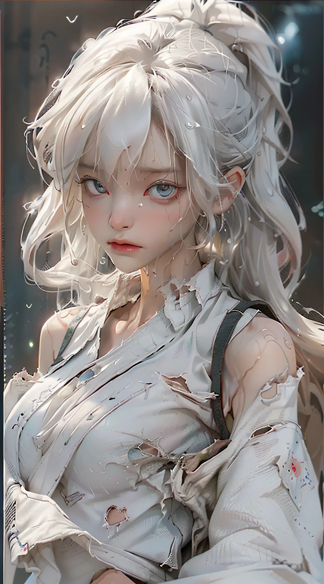 best image quality, masterpiece, super high resolution, (fidelity:1.4), photo, 1 girl, white shirt, torn jeans, white sneakers, dim, darkness, despair, pity, poor, movie, tears, teardrops, (torn clothes:1.5), (wet clothes:1.4), bare shoulders, real rain, wet hair,..