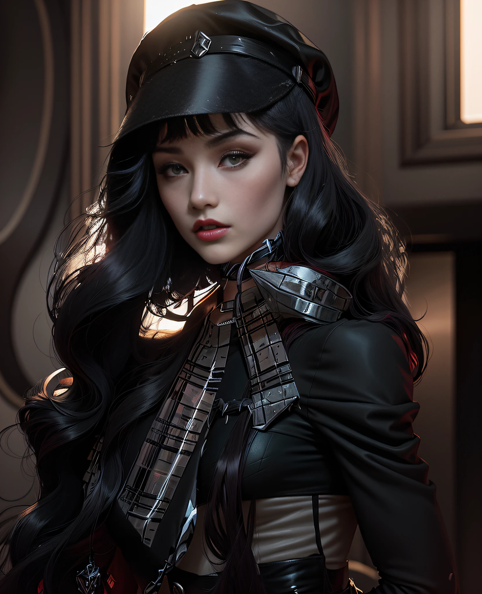 a close up of a woman with long black hair wearing a red hat, she has black hair with bangs, goth girl aesthetic, pale goth beauty, wearing a chocker and cute hat, long dark hair with bangs, black hair and white bangs, with full bangs, hair blackbangs hair, ulzzang, long black hair with bangs