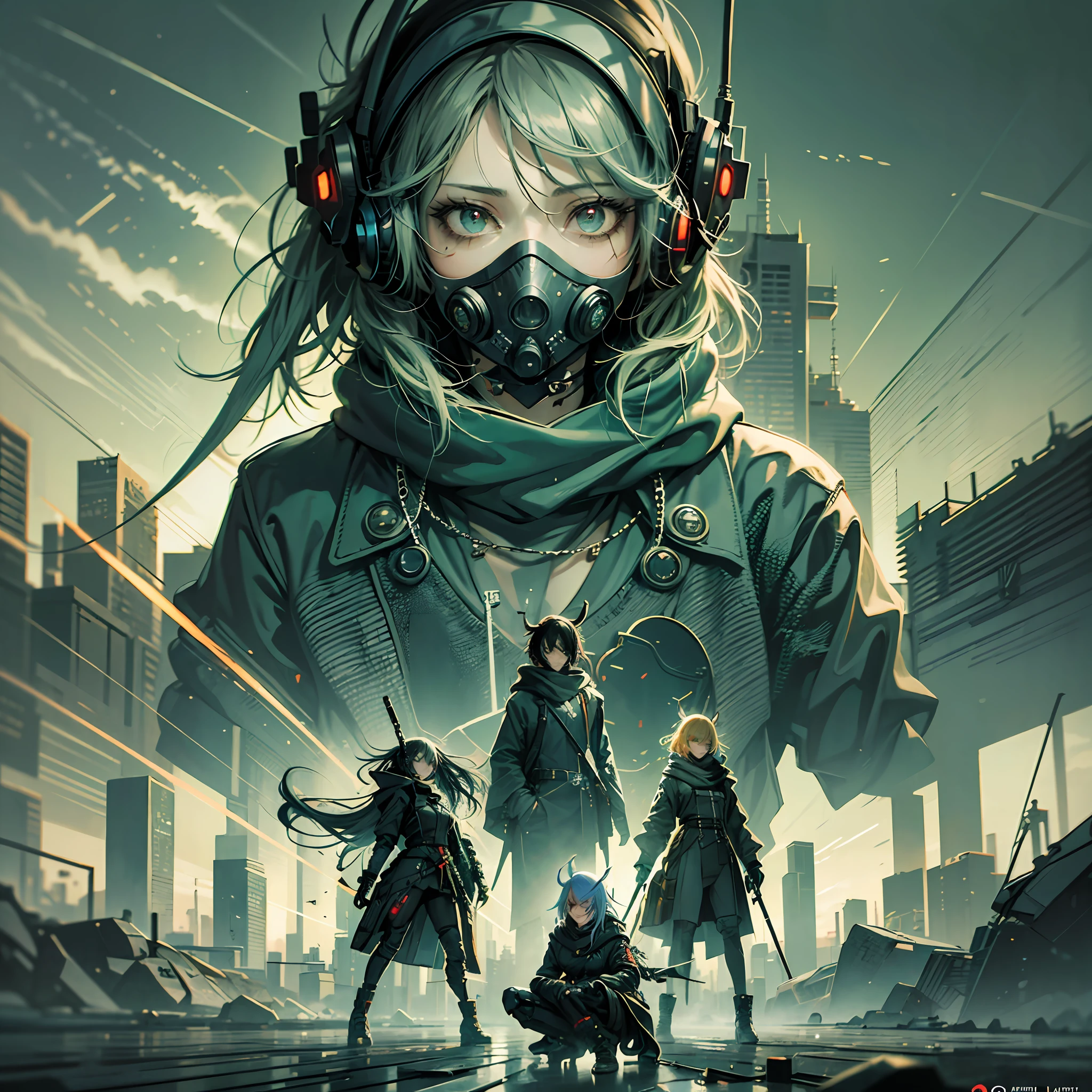 female, headphones on, poker face, night, cyberpunk, sniper rifle in hand, green scarf, scythe on back back, huge ahog, long low neck hair, hood, goggles on head, mouth mask, mask removal, multicolored eyes, empty eyes, constricted pupils, gradient eyes, slit pupils, red eyes, wide eyes, high detail, cubism futurism, futurism, anime, modern, surrealism, anime style, verism, chiaroscuro, cinematic lighting, motion blur, God Ray, ray tracing, UHD, ccurate, high detail, high resolution, 16k, best quality, super detail, masterpiece, retina --auto --s2