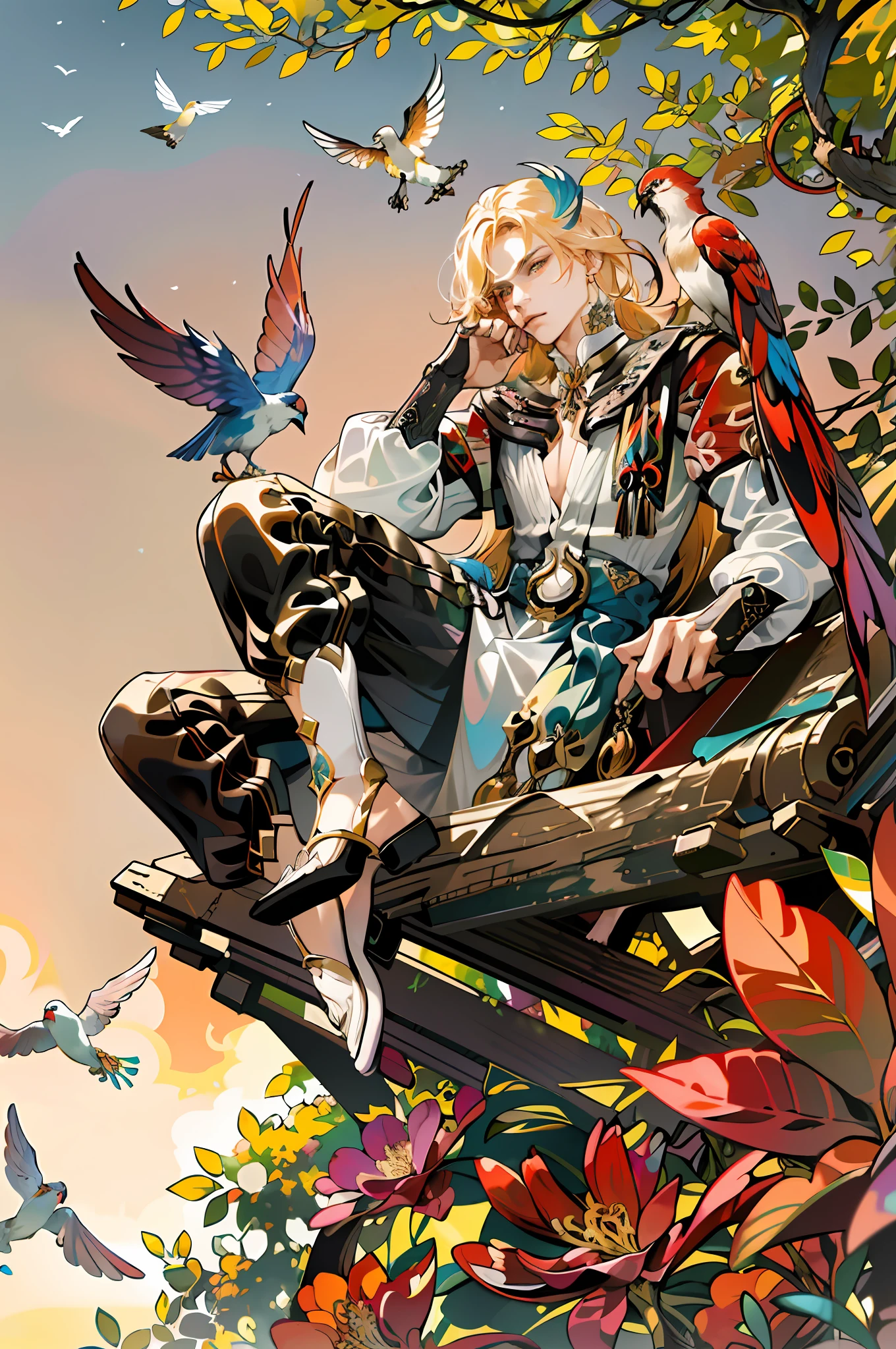 absurdres, highres, ultra detailed, 1male, mature, solo, extremely detailed eyes, (official art, beautiful and aesthetic:1.2), (1man), extreme detailed,(fractal art:1.3),colorful,highest detailed, blond hair, red eyes, flowers around him, bird of paradise flying around, sunset light, light from the back, colorful birds sitting on his hand and shoulder