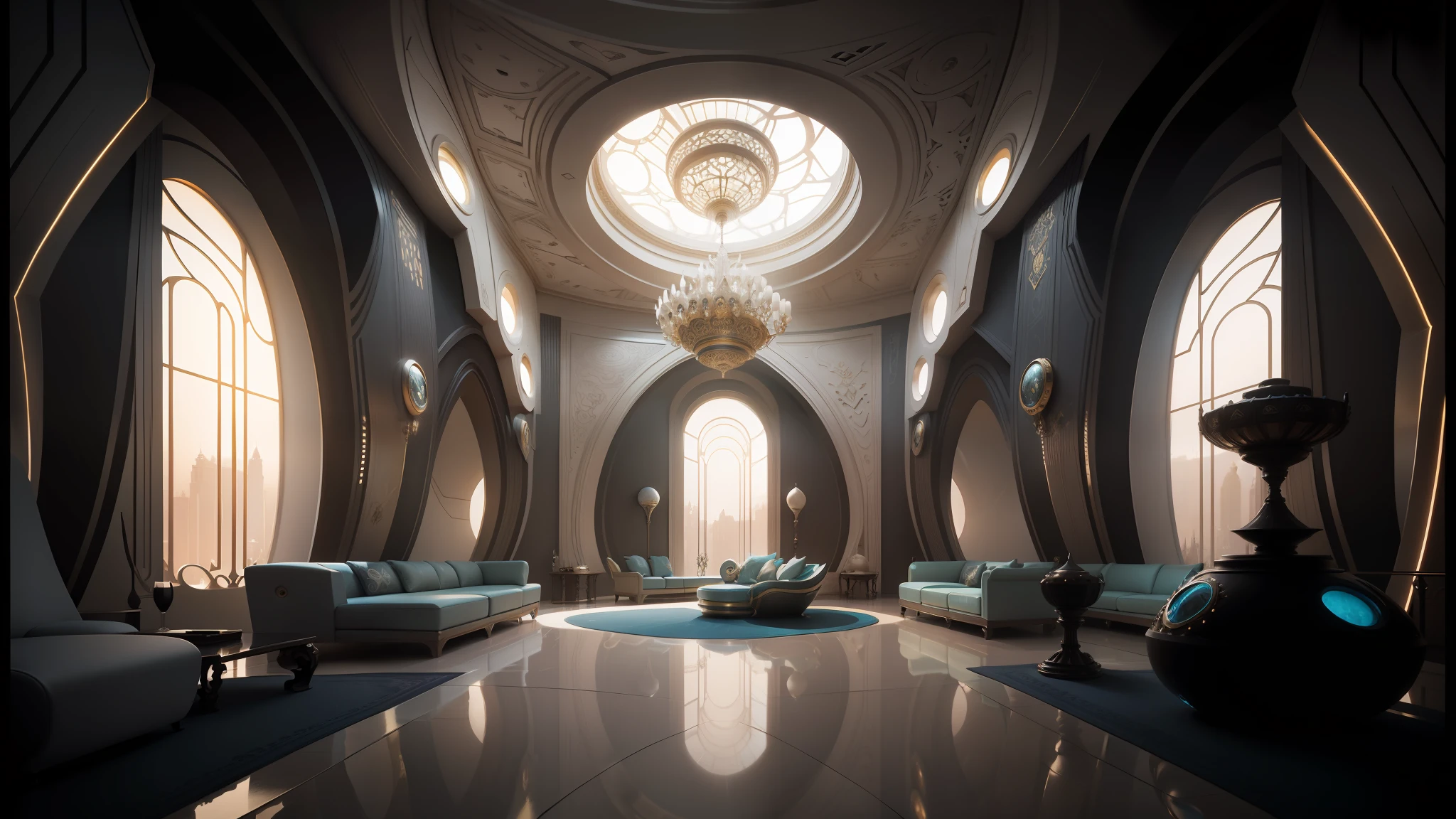 arafed room with a large circular window and a couch, futuristic persian palace, futuristic interior, futuristic palace, futuristic architectural art, futuristic decor, mandelbulb architecture, detailed futuristic architecture, exquisitely designed throne room, futuristic room background, surreal sci fi architecture, ornate cyberpunk interior, futuristic room, neofuturistic highly detailed, sci - fi interior, futuristic marrakech --auto --s2