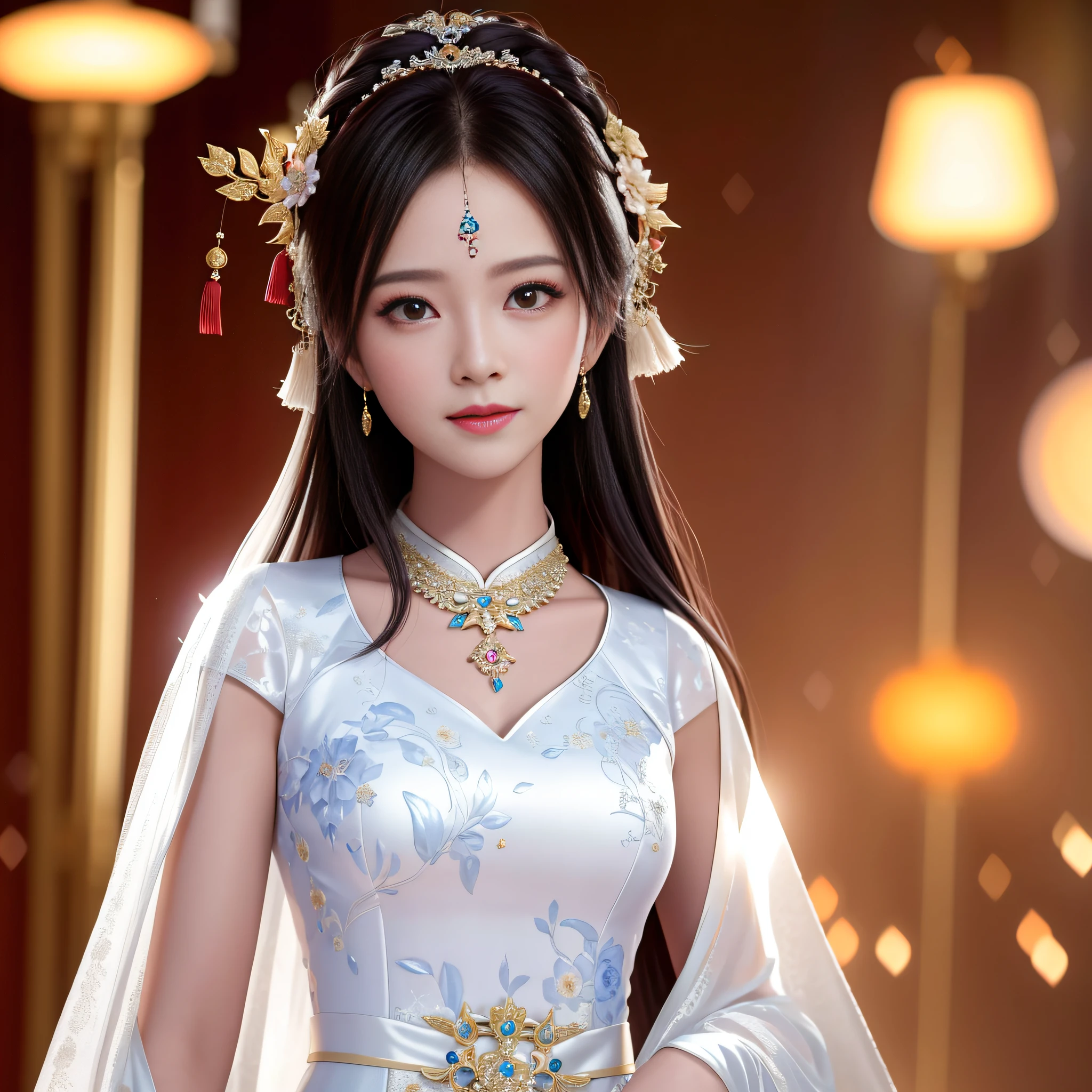 best quality, masterpiece, highres, 1girl,china wedding dress,hair ornament,necklace, jewelry,Beautiful face,upon_body, tyndall effect,photorealistic, dark studio, rim lighting, two tone lighting,(high detailed skin:1.2), 8k uhd, dslr, soft lighting, high quality, volumetric lighting, candid, Photograph, high resolution, 4k, 8k, Bokeh