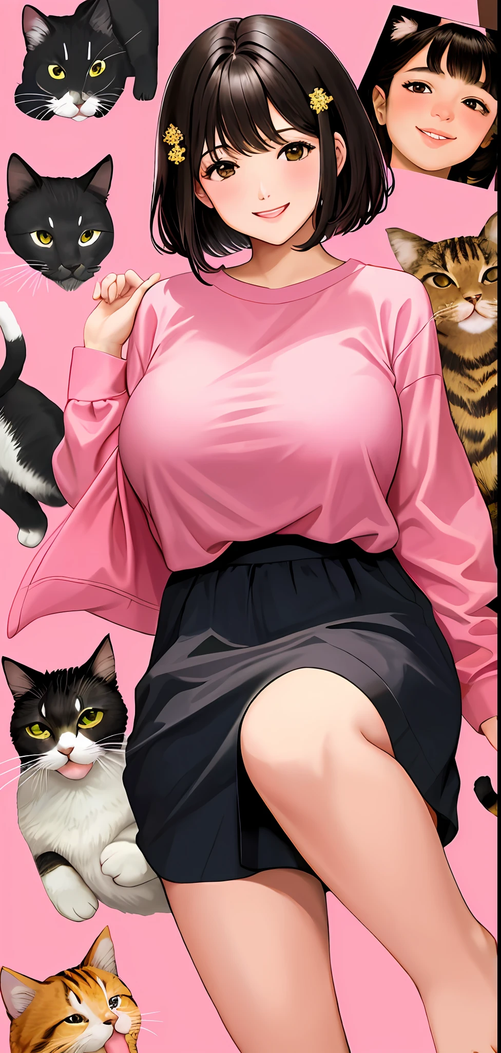 1girl, short hair, straight hair, brown eyes, wearing hair ornaments, slightly closed eyes, pink shirt, cats background, big smile, happy, lustful reaction, big breasts, flat chest, medium boobs, o chin, black hair, cat's jumping, chubby,