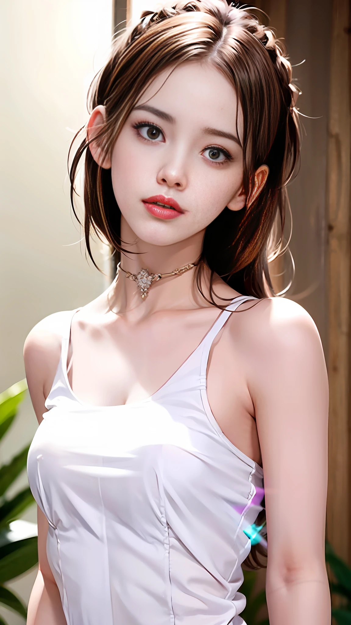 One girl, solo, most beautiful photo, complex, high detail, sharp focusing, dramatic, {{{{{photo}}}},
short torso, {{{very long legs}}}, {{{very thin waist}}}, {{{very small waist}}}, {{very huge breasts}},
{{{Different Clavicles}}},
{{{White skin}}}, {{{Light brown hair}}},
{{{{{very tiny head}}},{{30 years old}}, waistshot, {{{Emotionless face}, {{{Viewers}, {Chest Height View}}}, {White Tube Micro Mini Dress}, {{{Body Conscious Dress}, {Sleeveless dress with cleavage fully exposed and neckline plummeted}}}, Elongated white choker