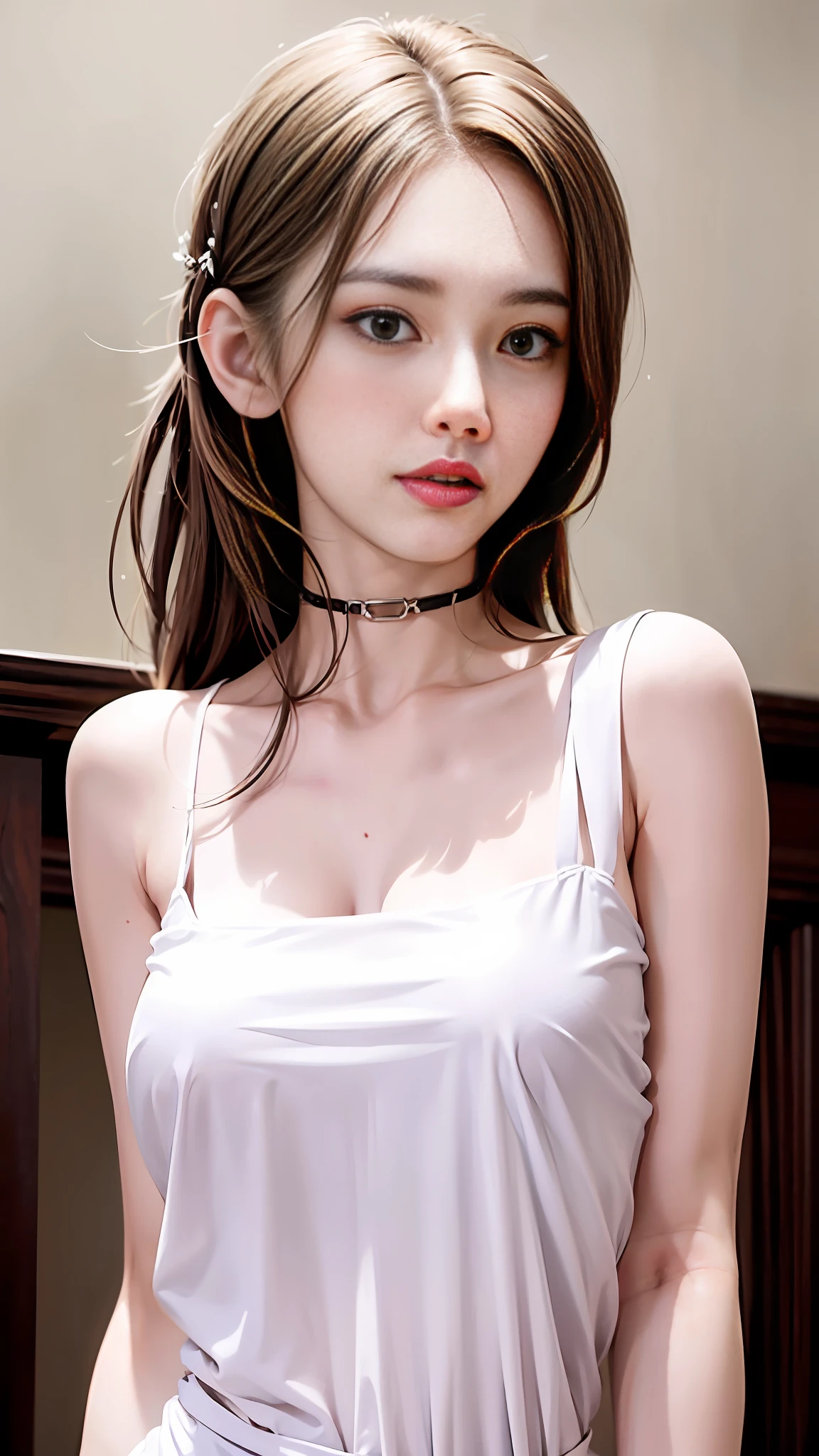 One girl, solo, most beautiful photo, complex, high detail, sharp focusing, dramatic, {{{{{photo}}}},
short torso, {{{very long legs}}}, {{{very thin waist}}}, {{{very small waist}}}, {{very huge breasts}},
{{{Different Clavicles}}},
{{{White skin}}}, {{{Light brown hair}}},
{{{{{very tiny head}}},{{30 years old}}, waistshot, {{{Emotionless face}, {{{Viewers}, {Chest Height View}}}, {White Tube Micro Mini Dress}, {{{Body Conscious Dress}, {Sleeveless dress with cleavage fully exposed and neckline plummeted}}}, Elongated white choker