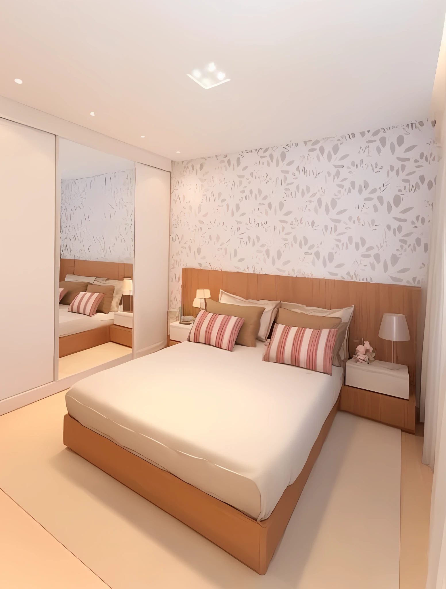 there is a bed with pillows and pillows in a bedroom, small room, interior of the room, bed room, small room, cream - colorful room, inside a room, natural light in the room, dark room, popular interior design style, female room, interior of a small room, small bed not made, bed on the right, bright room, short focus, Realistic photo, 4K