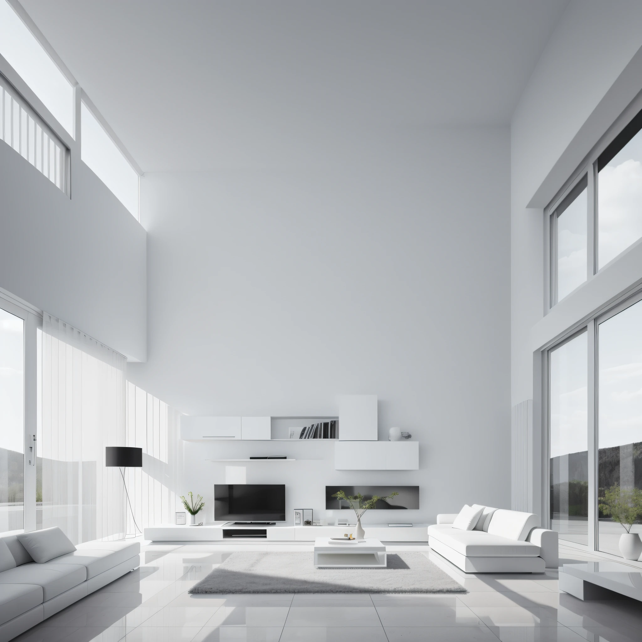 living room white, minimalist style, wide view,
