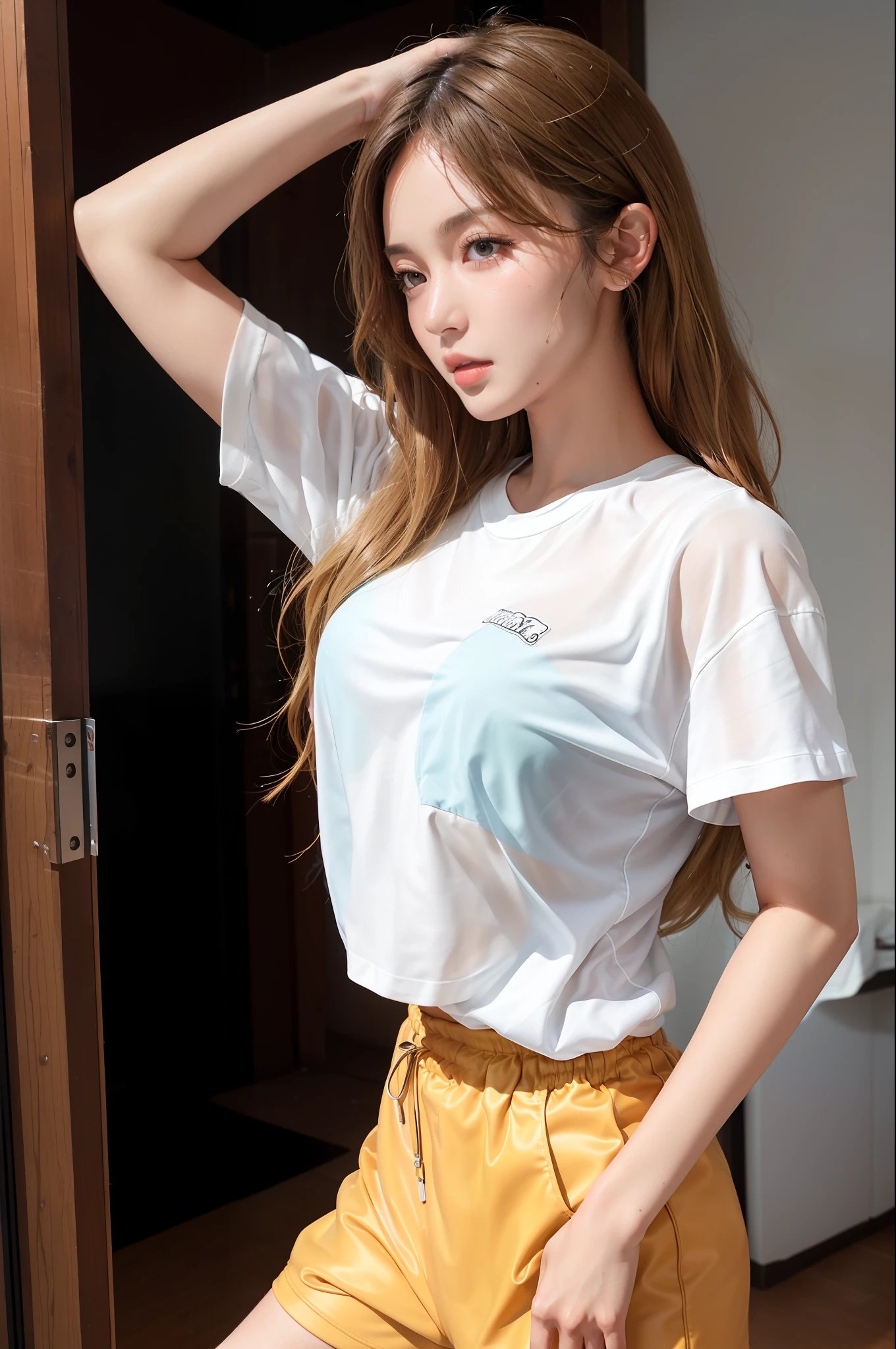 (1girl), room, breasts, tan, dewy skin, sweaty skin, wavy blonde, transparent nylon t-shirt, punk girl, brunette hair, transparent