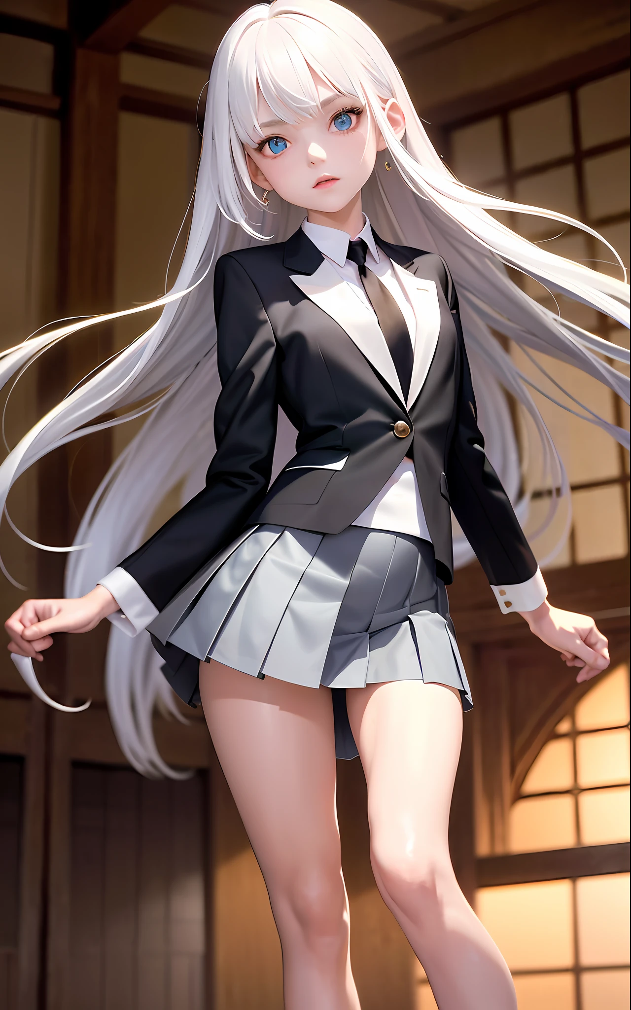 Masterpiece, Best Quality, UHD, Super Detail, Award, 16k, (Upper Body), (Beautiful Girl), White Hair, Hair, (Heterochromia)), Hanging Angle, Fair Skin, Slender, Small Pointed, (Small), (Slim Body), (Japan Student Small Blazer Jacket Uniform)), (Neck Ring), Finger Covers, Pleated Skirt, Loafers