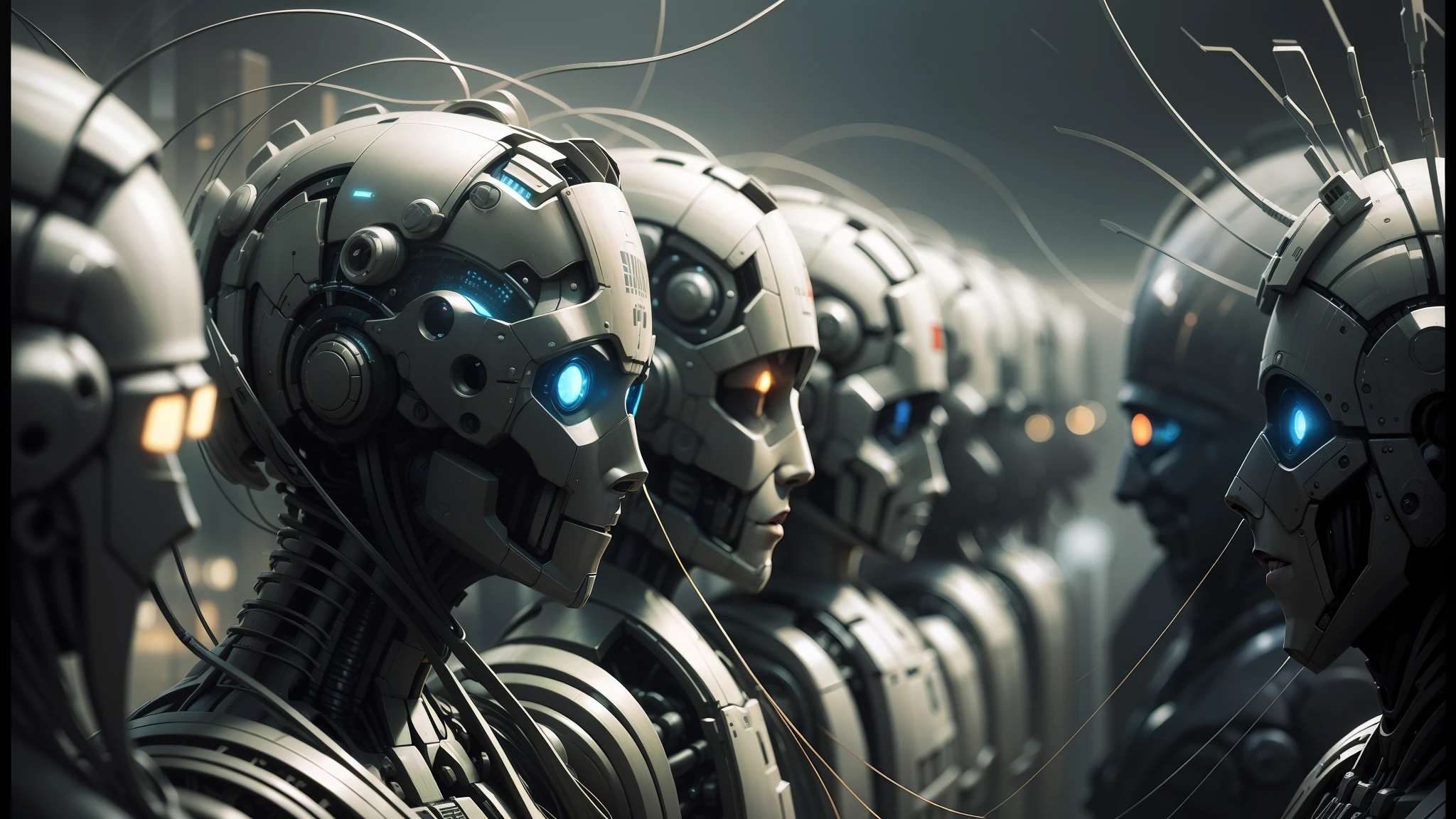 there are many people with headdreks that are standing together, peter gric and dan mumford, intricate transhuman, cybernetic civilisations, cgsociety 9, complex cybernetic beings, artificial intelligence gods, transhumanism, transhuman, artificial consciousness, matte painting of human mind, robot cyborgs --auto --s2