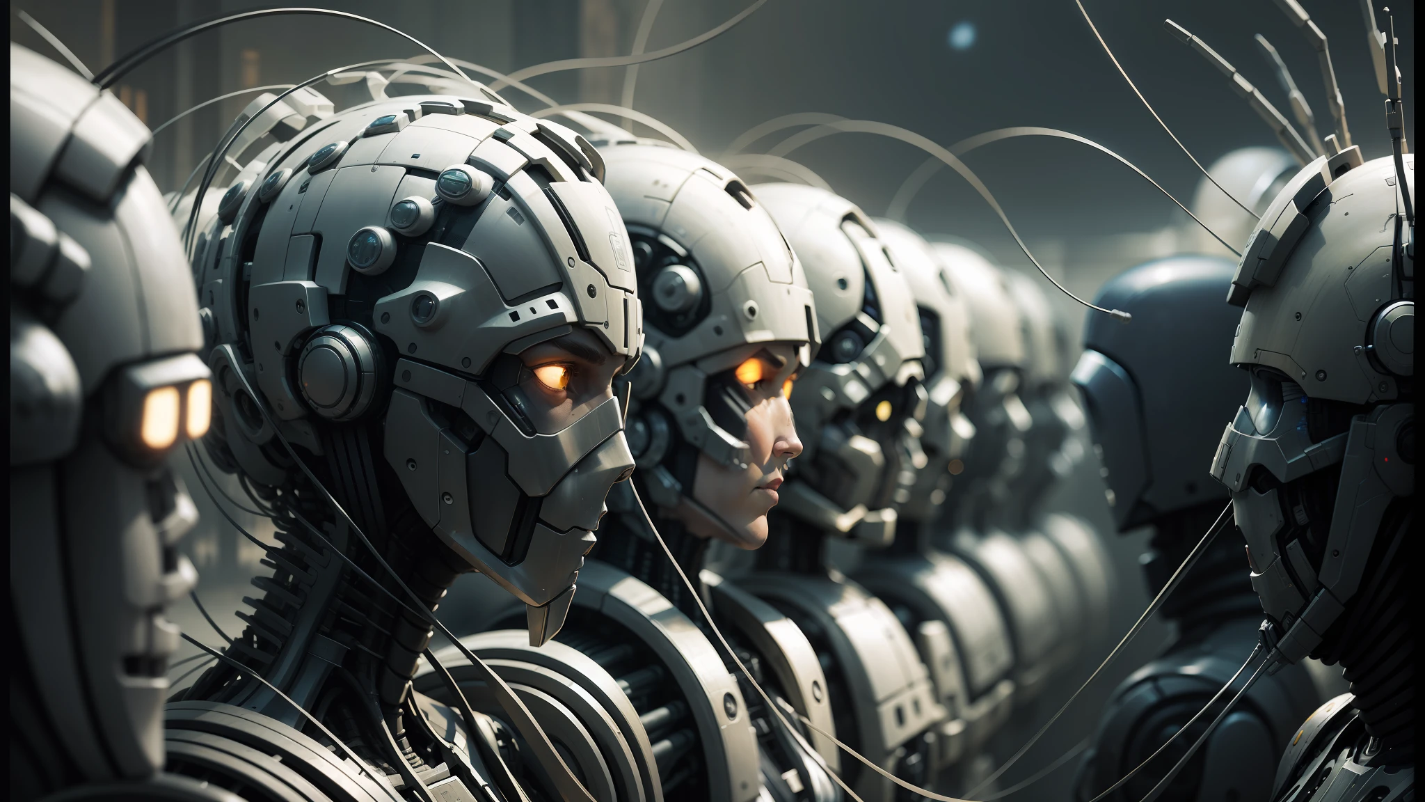 there are many people with headdreks that are standing together, peter gric and dan mumford, intricate transhuman, cybernetic civilisations, cgsociety 9, complex cybernetic beings, artificial intelligence gods, transhumanism, transhuman, artificial consciousness, matte painting of human mind, robot cyborgs --auto --s2