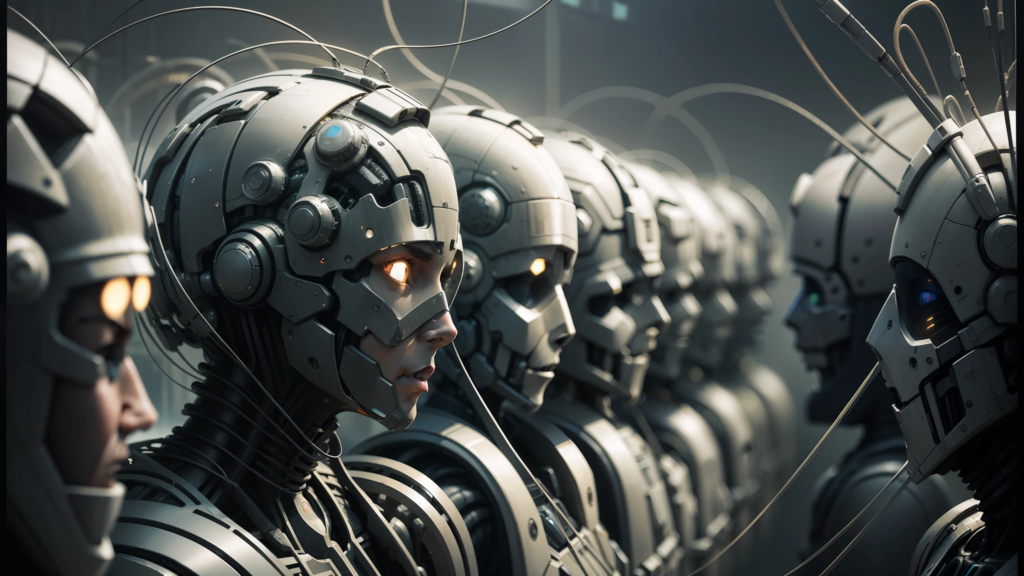 there are many people with headdreks that are standing together, peter gric and dan mumford, intricate transhuman, cybernetic civilisations, cgsociety 9, complex cybernetic beings, artificial intelligence gods, transhumanism, transhuman, artificial consciousness, matte painting of human mind, robot cyborgs --auto --s2