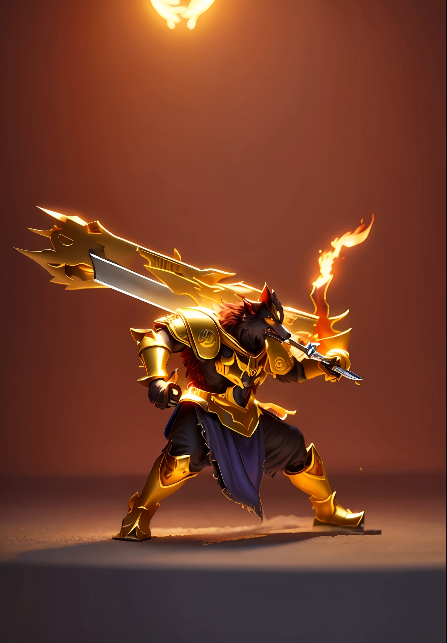 Werewolf, armed with a large knife, a firethrower, gold armor
