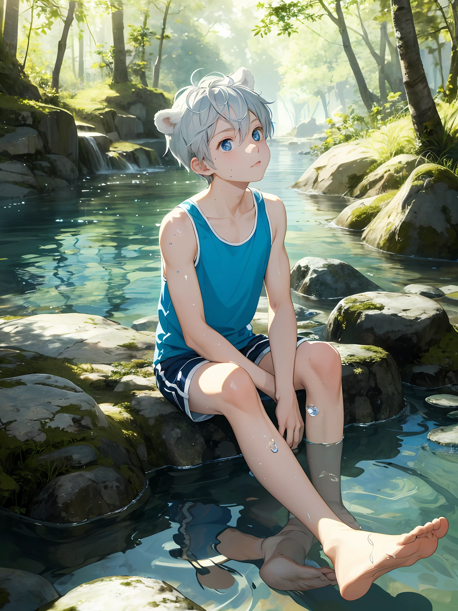 1 Boy, Silver-haired blue eyes with white bear ears, Male focus, Pouting, Tank top, Shorts, Barefoot, (arm support: 1.1), (Partially submerged: 1.1), Sitting, (Wet: 1.4), Cowboy shot, Looking up, Looking at the viewer, from above, from the front, water, playing in the river, river, forest, sunlight, summer