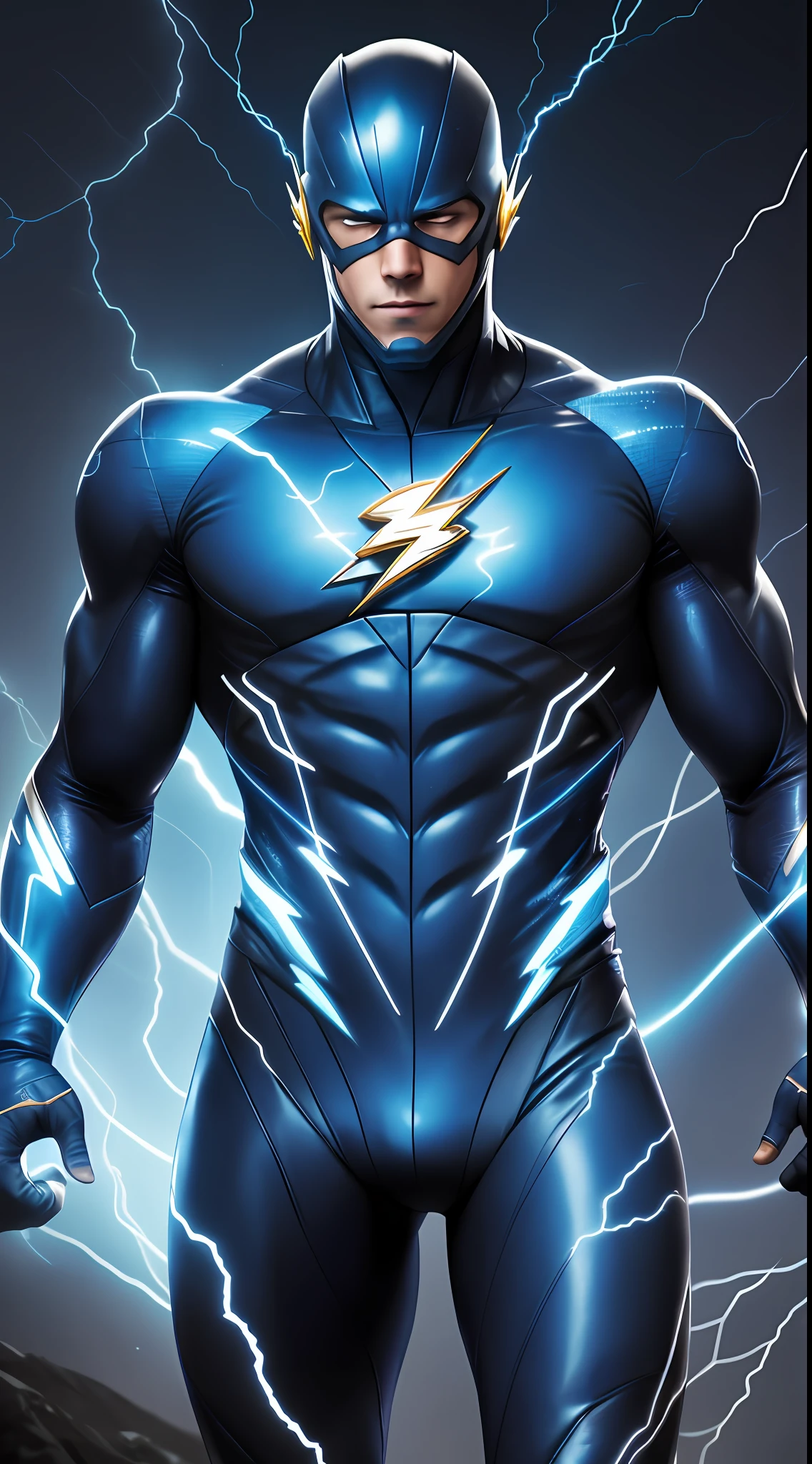 The Flash, best quality, high resolution, tall, muscular, hunk, blue and white glowing suit, light blue lightning trail, white and blue lightning symbol on the chest, detailed face, detailed suit, masterpiece, tunnle of light in the background, 4k, raw photo