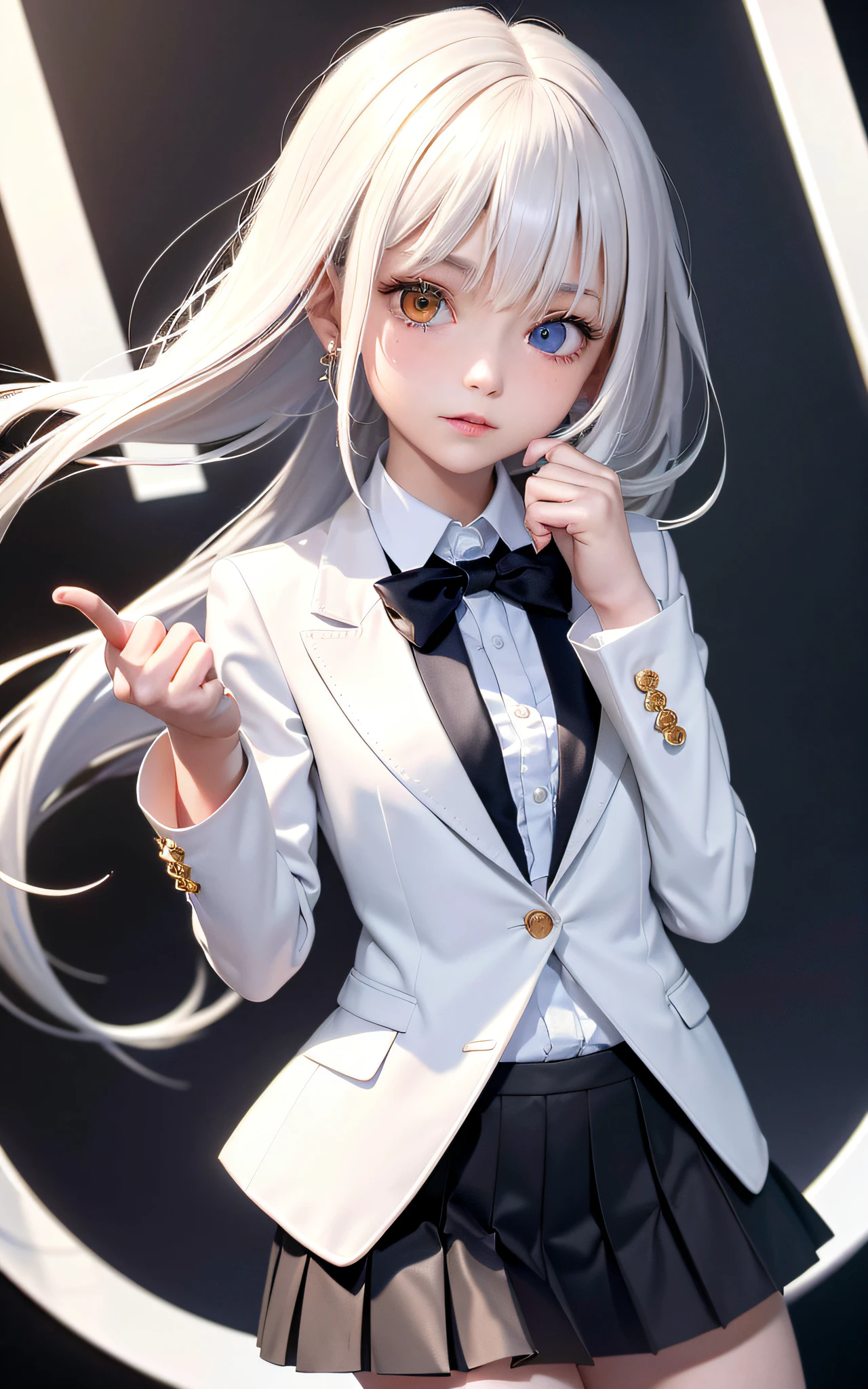 Masterpiece, Best Quality, UHD, Super Detail, Award, 16k, (Upper Body), (Beautiful Girl), White Hair, Hair, (Heterochromia)), Hanging Angle, Fair Skin, Slender, Small Pointed, (Small), (Slim Body), (Japan Student Small Blazer Jacket Uniform)), (Neck Ring), Finger Covers, Pleated Skirt, Loafers