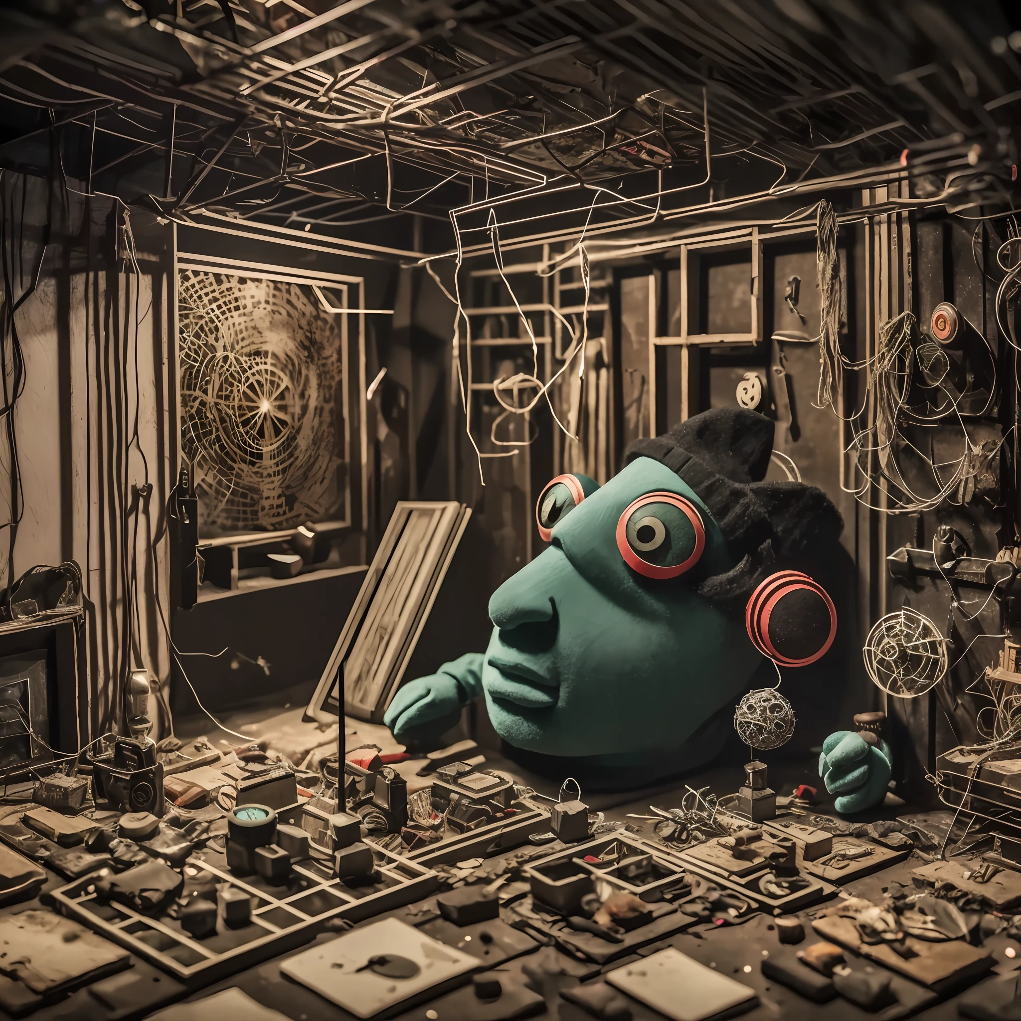 (best quality), (top quality), (8k), (3d), (masterpiece), (dark), (whole body), (melancholy), (sadness), (agony), (terror), (horror), (psychedelic), (cyberpunk), (dark), STOP-MOTION ANIMATION style sock puppet theater in a dark and disorganized basement. --auto --s2