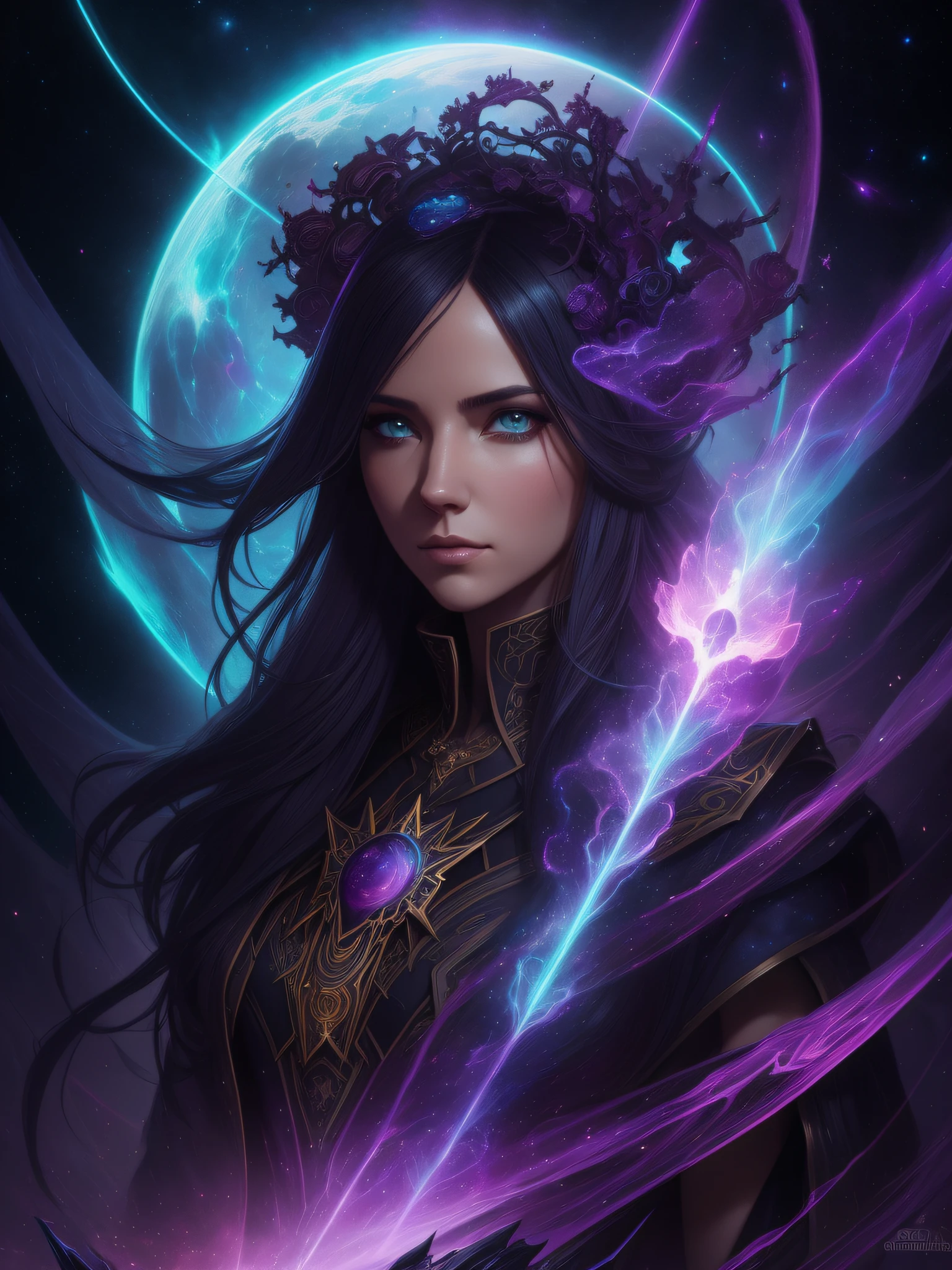 Cosmic sorceress, nebulas, galactic, Concept art portrait by Greg rutkowski, Artgerm, hyperdetailed intricately detailed gothic art trending on Artstation triadic colors Unreal Engine 5 detailed matte painting, deep color, fantastical, intricate detail, splash screen, complementary colors, fantasy concept art, 8k resolution, gothic deviantart masterpiece