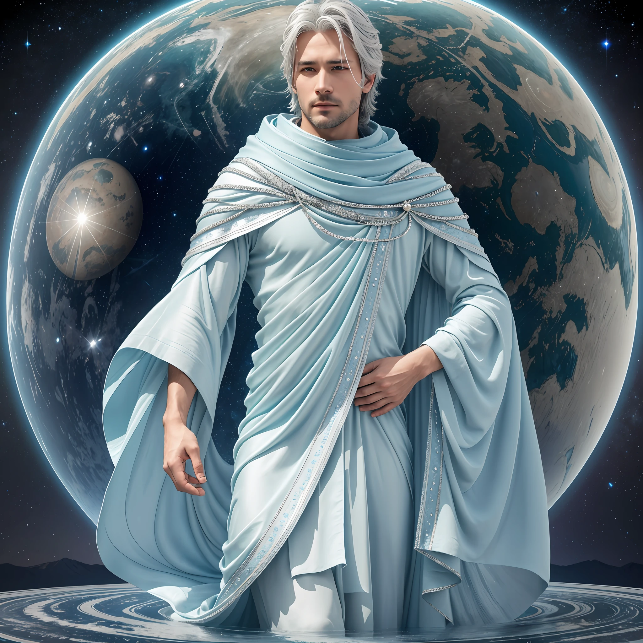 A Man in Full Blue Outfit standing in Blue Desert, Fair with a soft, pearlescent sheen skin resembling the glow of moonlight, Deep and piercing eyes with a mesmerizing pale blue or silver hue ,Silky and flowing, in shades of icy blue or silver hair resembling the shimmering rings of Uranus , Subtle and cool-toned, reflecting the calm and serene nature of Uranus,Subtle and cool-toned lips reflecting the calm and serene nature of Uranus,Hyperdetailed, 8k, Photorealism, Same personality as Uranus planet, cinematic, cannon 6d, octane render, Full body, Blue colour grading, Uranus planet, Close Potrait, Close picture, Milky way sky, Half body Picture, male