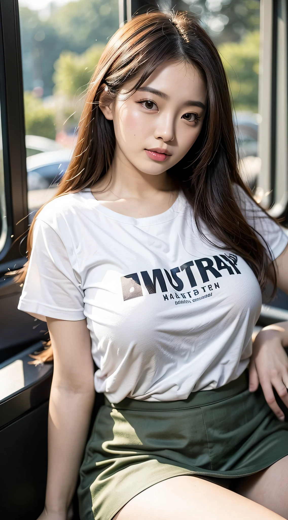 ((Best Quality, 8K, Masterpiece: 1.3)), Fat Body Beauty: 1.4, Chinese Woman, Busty: 1.6, Rounded Thighs: 1.6, Long Hair, (T-Shirt, Short Skirt: 1.6), Seated, Highly Detailed Face and Skin Texture, Delicate Eyes, Double Eyelids, Round Face, Thin Lips, Coquettish, Rich, Fair Skin, Landscape Background