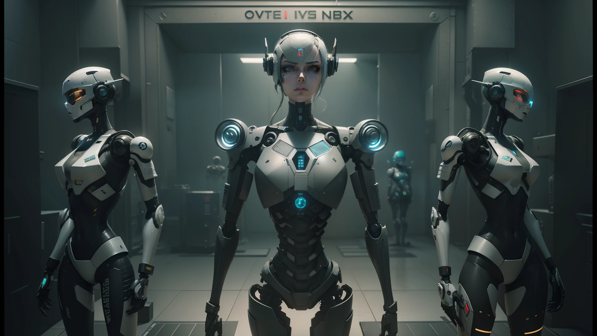 three robots are standing in a row in a room, love death and robots, death and robots, death and robots two in the void, beautiful robot character design, still from alita, love death + robots, ultra detailed female android, death + robots series of netflix, realistic robotic machinery, cyber steampunk 8 k 3 d, female robot, cgsociety 9 --auto --s2