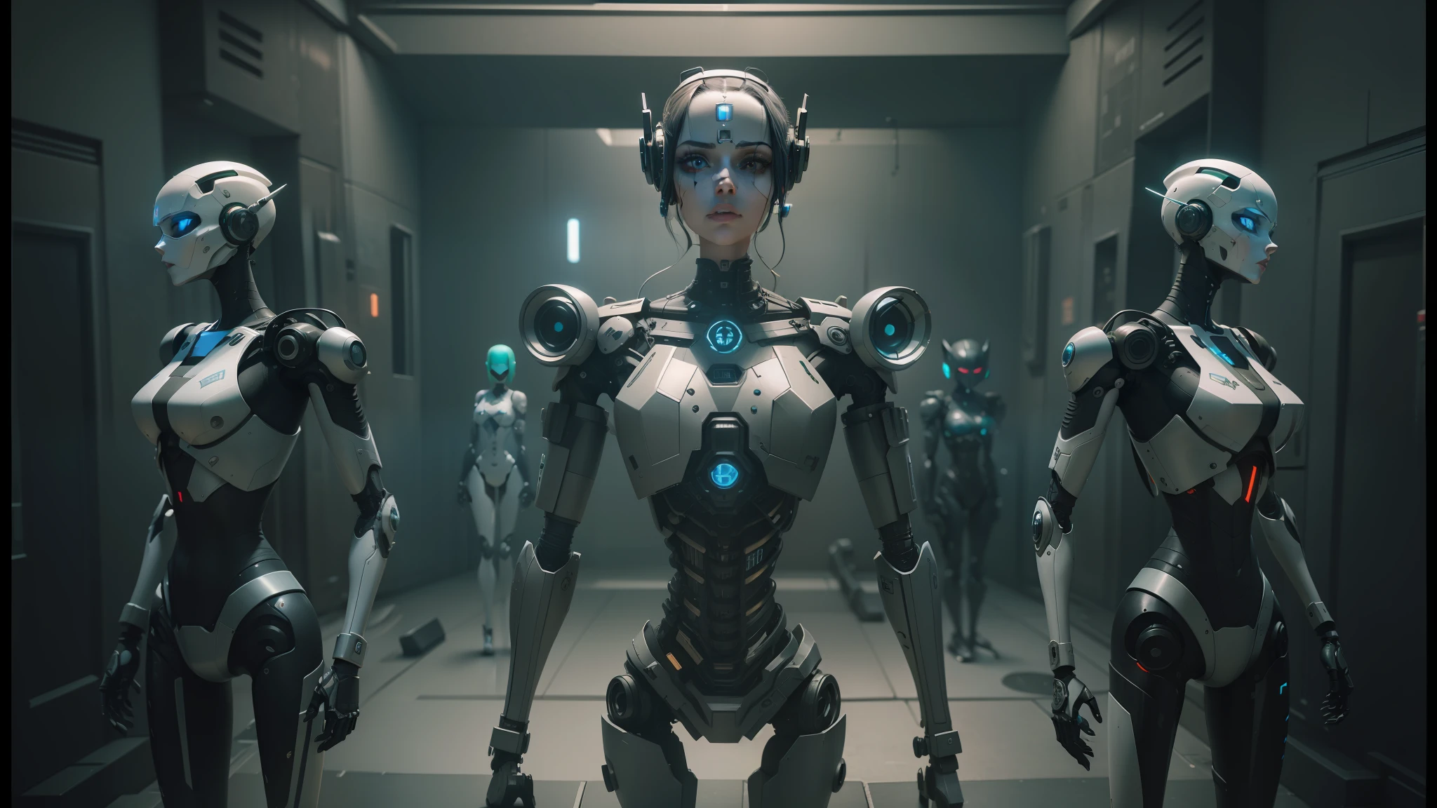 three robots are standing in a row in a room, love death and robots, death and robots, death and robots two in the void, beautiful robot character design, still from alita, love death + robots, ultra detailed female android, death + robots series of netflix, realistic robotic machinery, cyber steampunk 8 k 3 d, female robot, cgsociety 9 --auto --s2