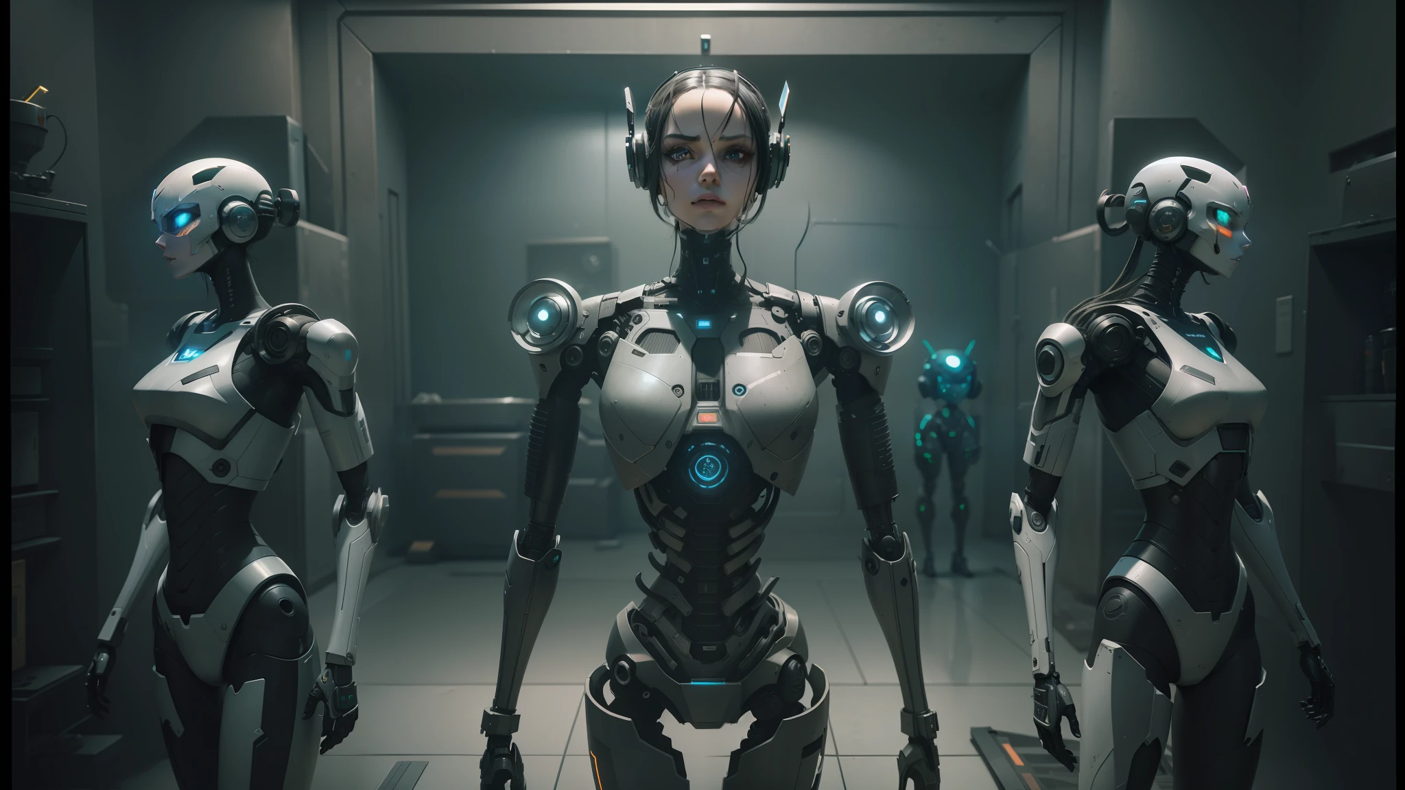 three robots are standing in a row in a room, love death and robots, death and robots, death and robots two in the void, beautiful robot character design, still from alita, love death + robots, ultra detailed female android, death + robots series of netflix, realistic robotic machinery, cyber steampunk 8 k 3 d, female robot, cgsociety 9 --auto --s2