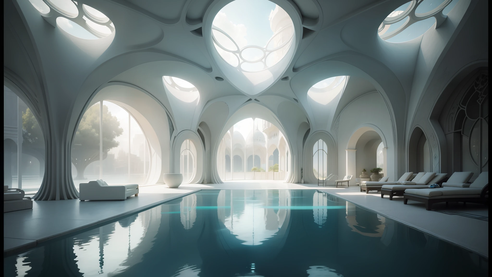 there is a pool in a building with a skylight above it, solarpunk architecture, organic architecture, futuristic utopian architecture, futuristic persian palace, futuristic architectural art, surreal sci fi architecture, ultra - futuristic architecture, utopian architecture, sleek utopian design, smooth utopian design, vincent callebaut, futuristic and ethereal, detailed futuristic architecture, elven architecture --auto --s2