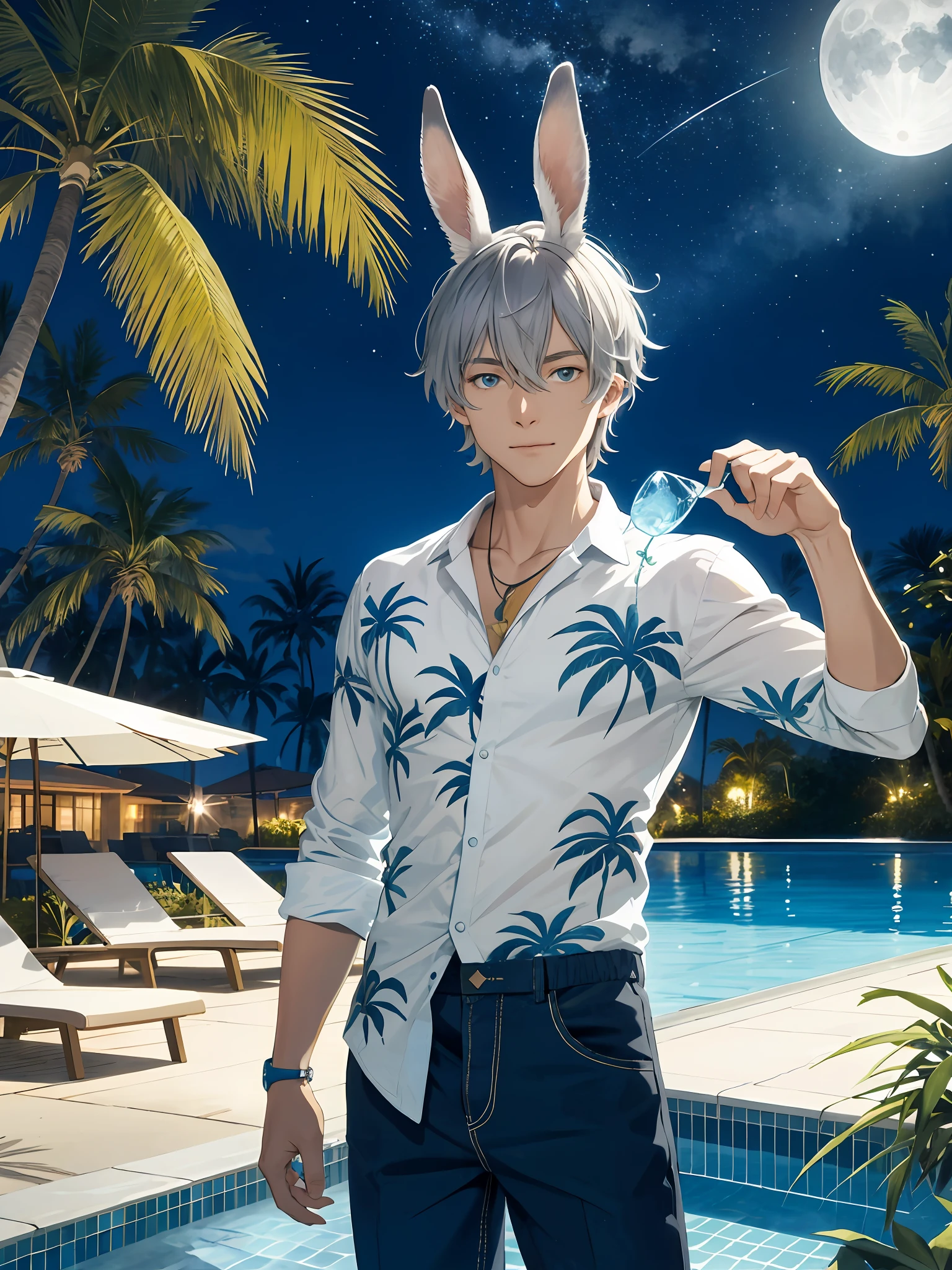 illustration style, cute boy, silver-haired blue-eyed rabbit ears, solo, rabbit ears, rabbit ears, sunny moonlit night, leisurely, sunny night sky, pool relaxation, gaming pool, inflatable float, carefree atmosphere, refreshing water, friendly, half pants, aloha shirt, open shirt, male body, refreshing water, gentle ripples, comfortable relaxation, tropical palm trees, Night sky, lazy night, quiet oasis,