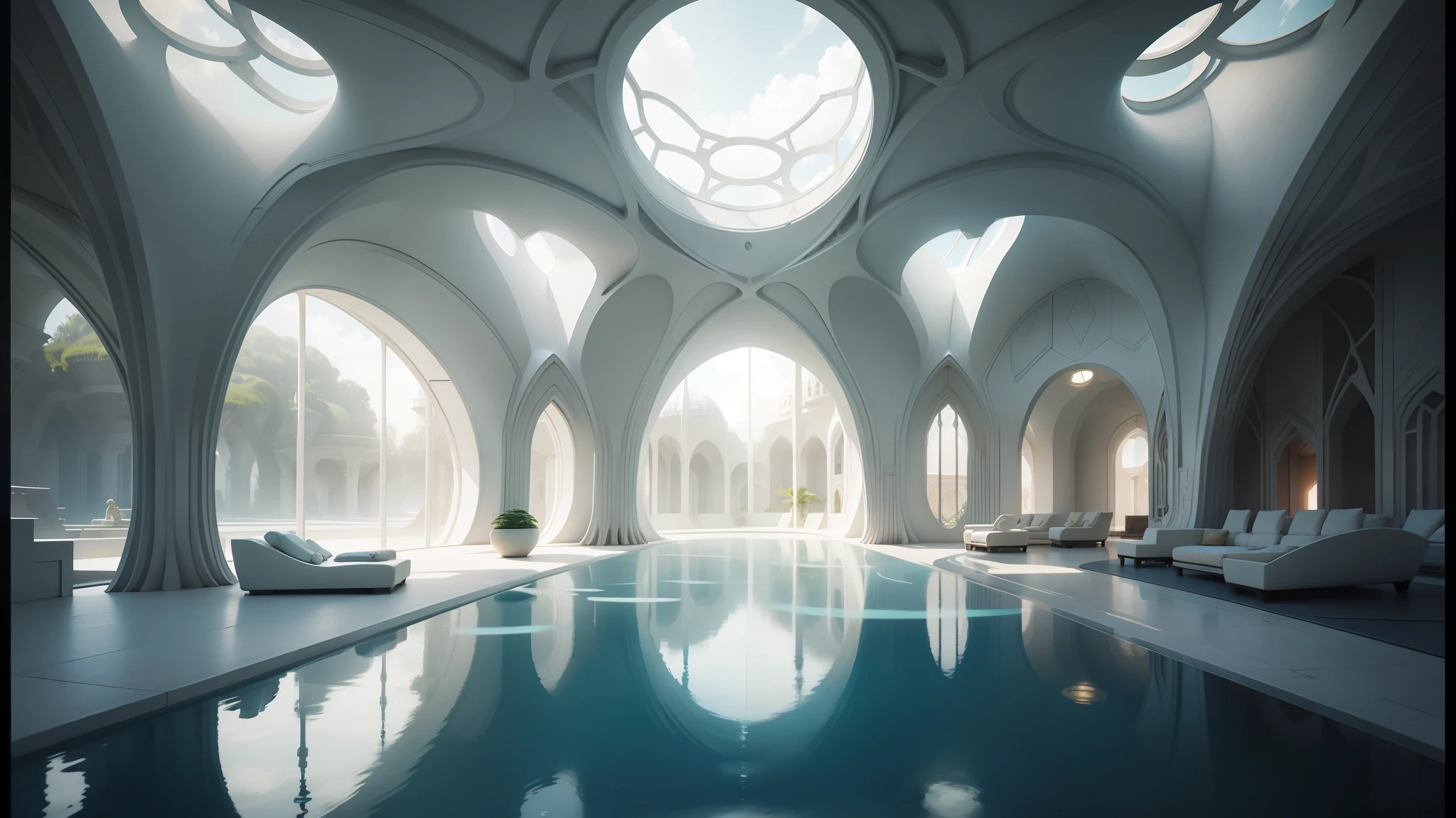 there is a pool in a building with a skylight above it, solarpunk architecture, organic architecture, futuristic utopian architecture, futuristic persian palace, futuristic architectural art, surreal sci fi architecture, ultra - futuristic architecture, utopian architecture, sleek utopian design, smooth utopian design, vincent callebaut, futuristic and ethereal, detailed futuristic architecture, elven architecture --auto --s2