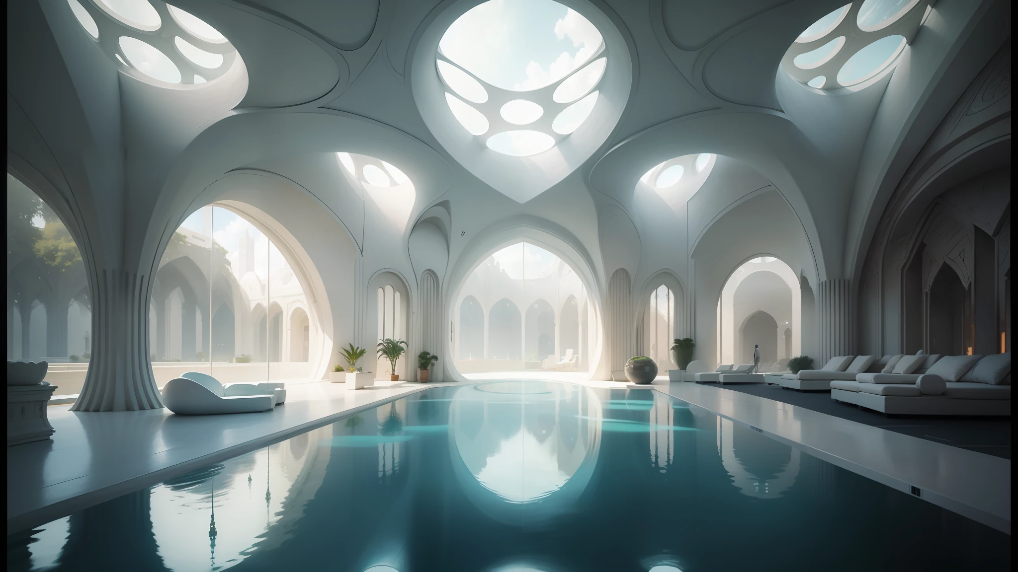 there is a pool in a building with a skylight above it, solarpunk architecture, organic architecture, futuristic utopian architecture, futuristic persian palace, futuristic architectural art, surreal sci fi architecture, ultra - futuristic architecture, utopian architecture, sleek utopian design, smooth utopian design, vincent callebaut, futuristic and ethereal, detailed futuristic architecture, elven architecture --auto --s2