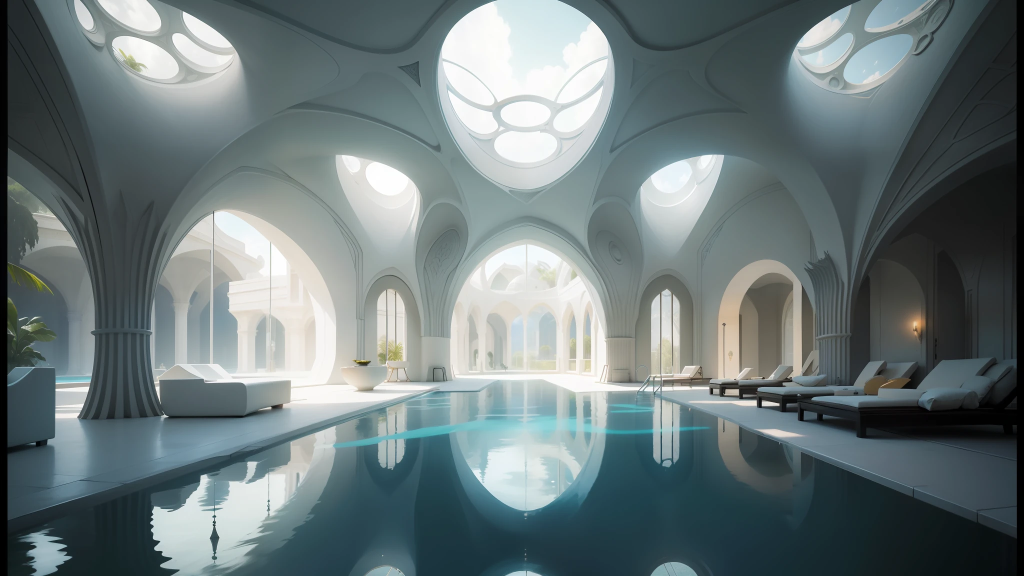 there is a pool in a building with a skylight above it, solarpunk architecture, organic architecture, futuristic utopian architecture, futuristic persian palace, futuristic architectural art, surreal sci fi architecture, ultra - futuristic architecture, utopian architecture, sleek utopian design, smooth utopian design, vincent callebaut, futuristic and ethereal, detailed futuristic architecture, elven architecture --auto --s2