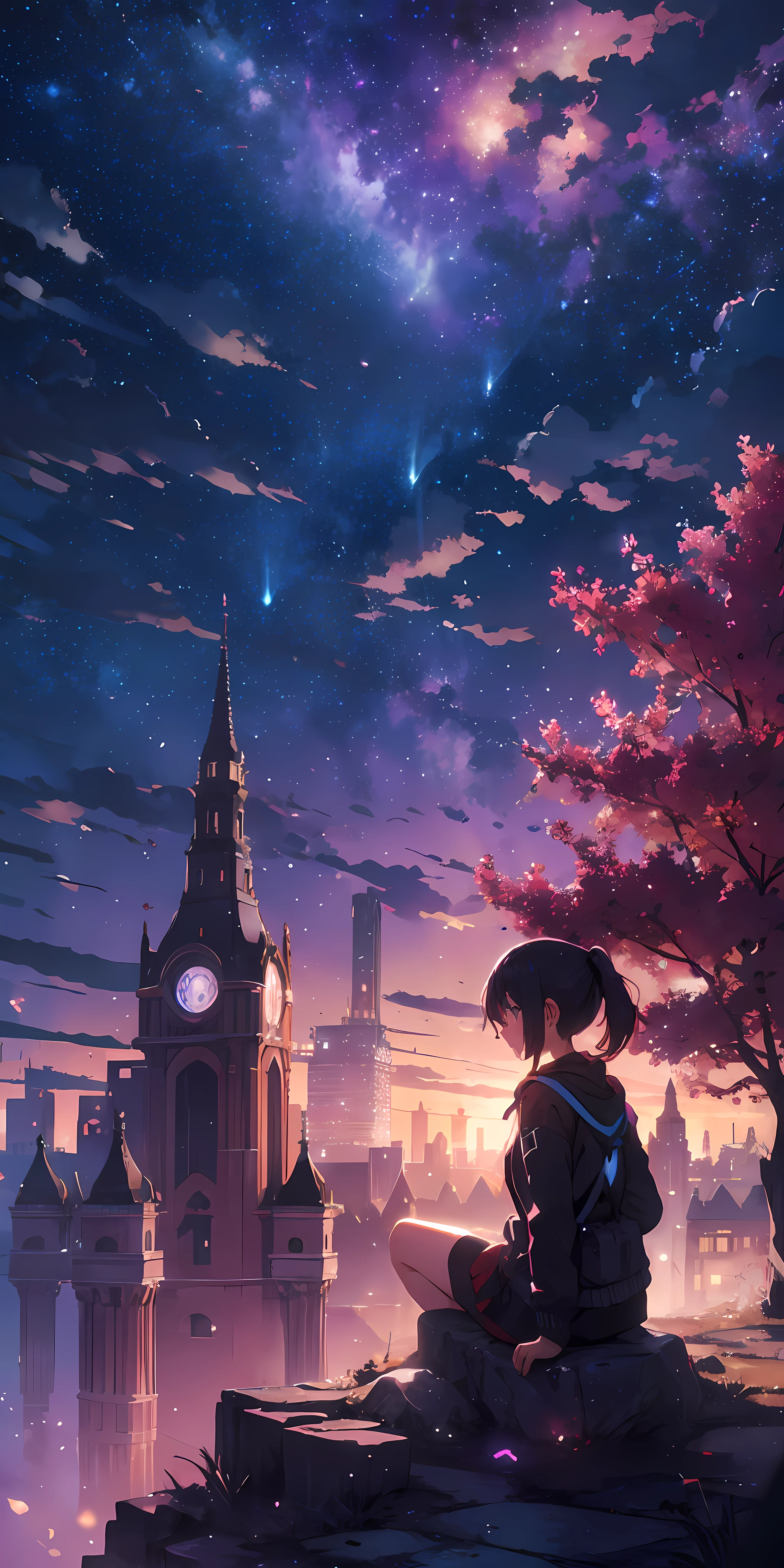 expansive landscape photograph ,(view from the hill with night views of buildings above and below), Girl sitting on a stone looking at a building,Silhouette looking backward,( shooting stars:0.9), (nebula:1.3), tree BREAK
production art, (warm light source:1.2),lot of purple and orange, intricate details, volumetric lighting, realism BREAK
(masterpiece:1.2), (best quality), 4k, ultra-detailed, (dynamic composition:1.4), highly detailed, colorful details,( iridescent colors:1.2), (glowing lighting, atmospheric lighting), dreamy, magical, (solo:1.2)