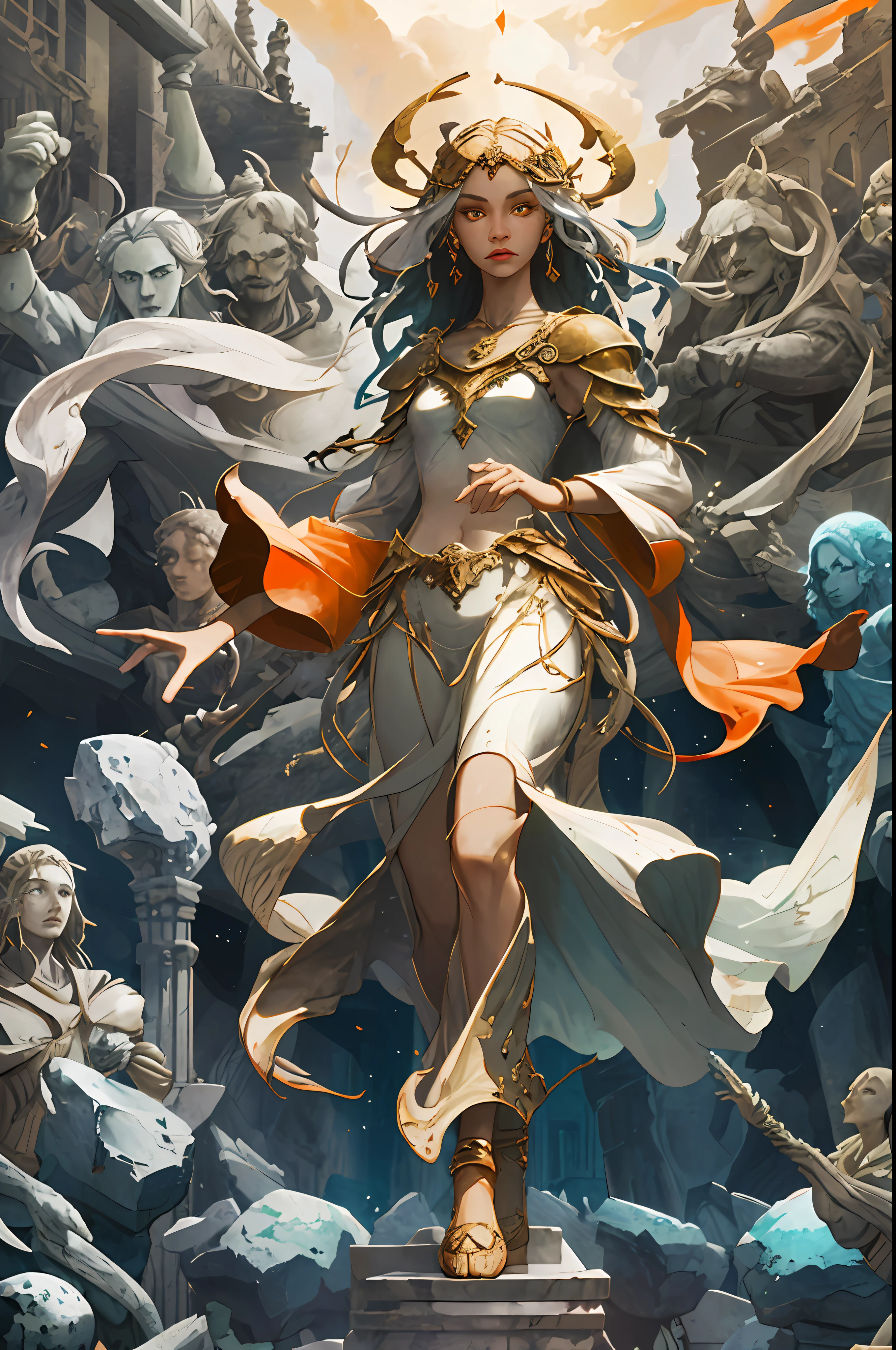 full body shot, half turn, (marble statue of a woman:1.5), (stone skin:1.5), dressed in tunic, (orange glowing eyes), golden fabric flying, antique, pedestal, elegant, lady, ttpc-fc, small chest,
destroyer temple, (ruins), derbis, wreckage, cracks,
magic, fantasy setting, mystery, light rays, bubbles, fishes,
masterpiece, best quality, professional art, high resolution art, 8k, epic details, hyperdetailed eyes, high sharpness, intricate details, hyperdetailed, hdr, depth of field, DOF, high resolution textures,