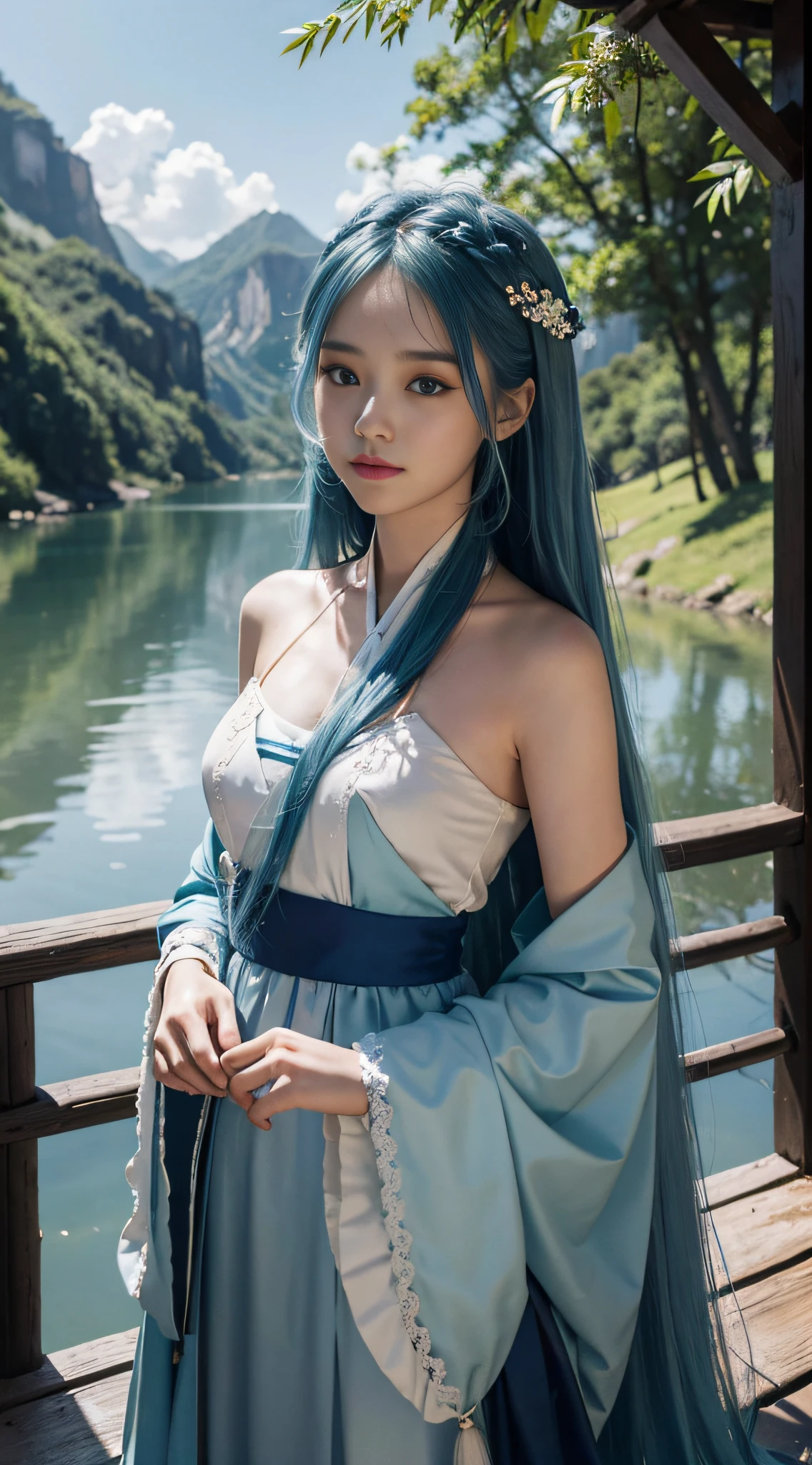 Masterpiece, best quality, official art, 8k wallpaper, very detailed, illustration, 1 girl, sky blue hair, long hair, detailed eyes, Forrest, bare shoulders, hanfu, lake, pure, soft smile, bamboo,